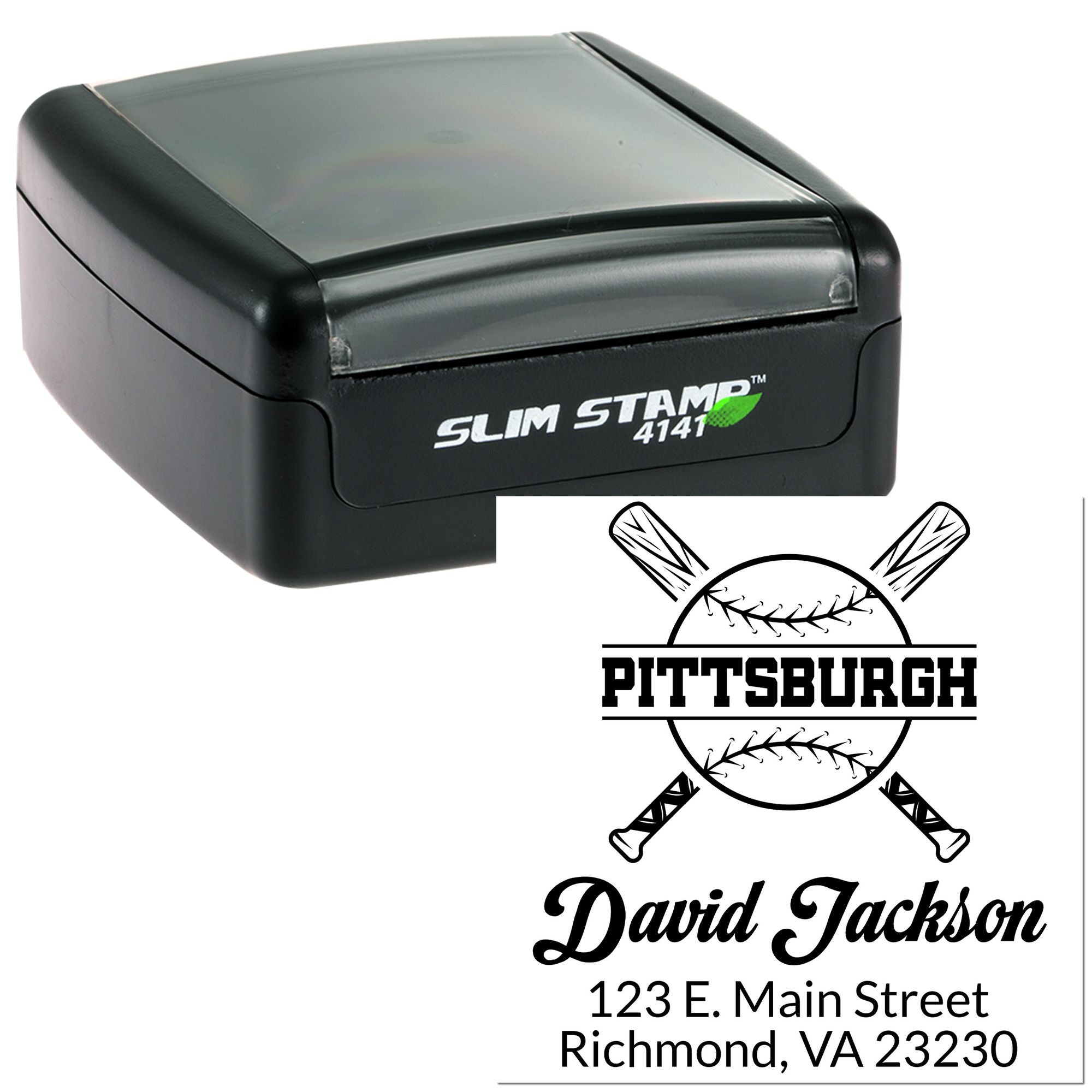 Custom self-inking baseball rubber stamp with Pittsburgh logo, name, and address for personalized mailing.