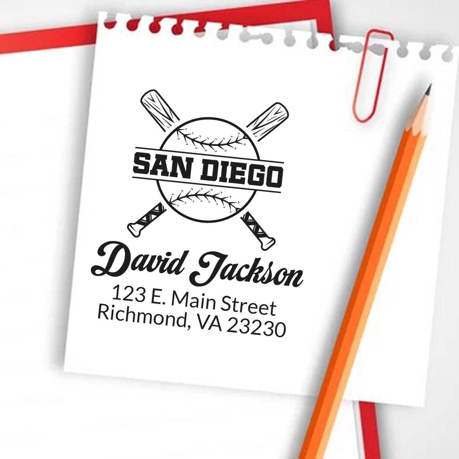 Custom baseball rubber stamp with San Diego design, David Jackson name, and address for personalized return addressing.