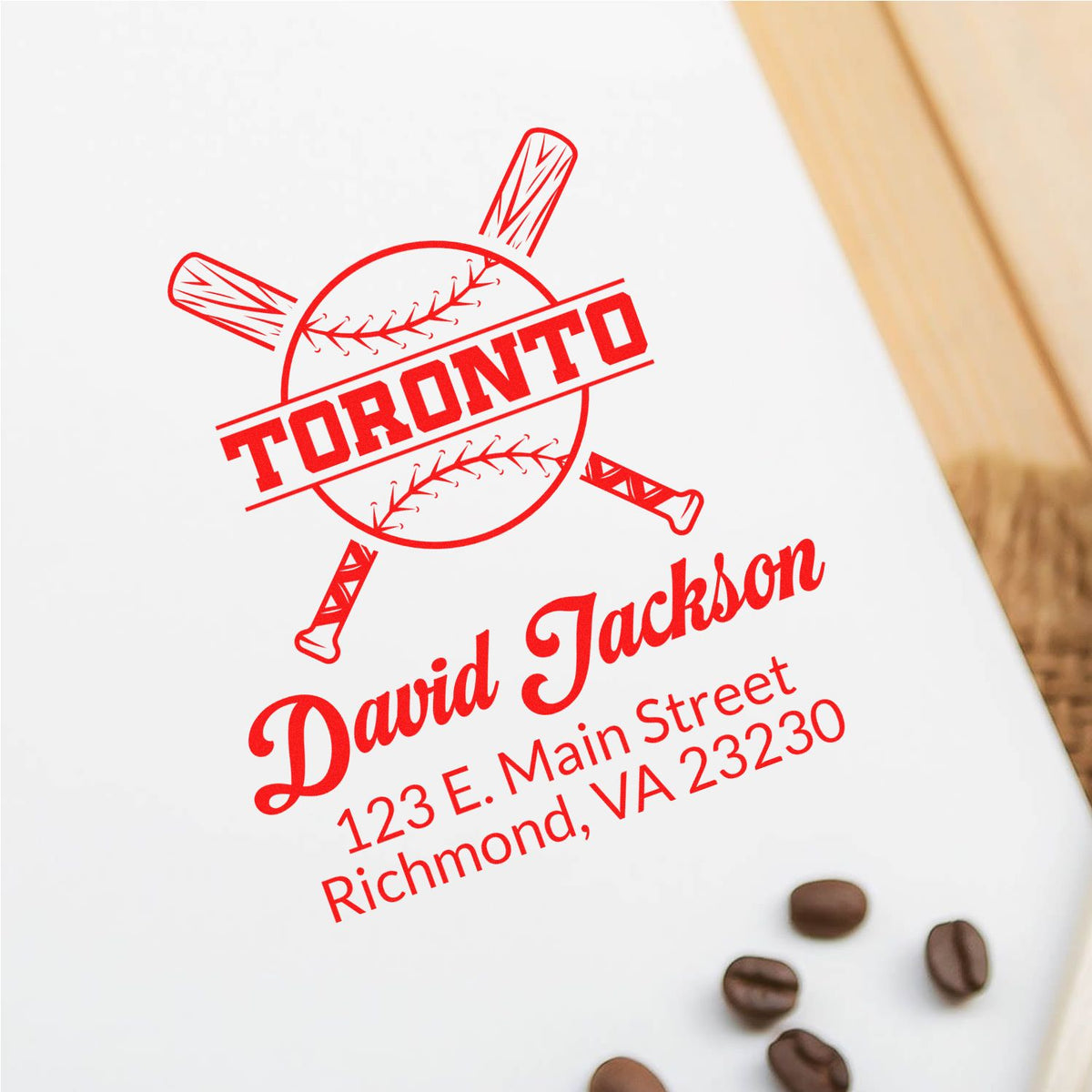 Custom Toronto baseball rubber stamp with David Jackson name and address, ideal for branded stationery and packaging.