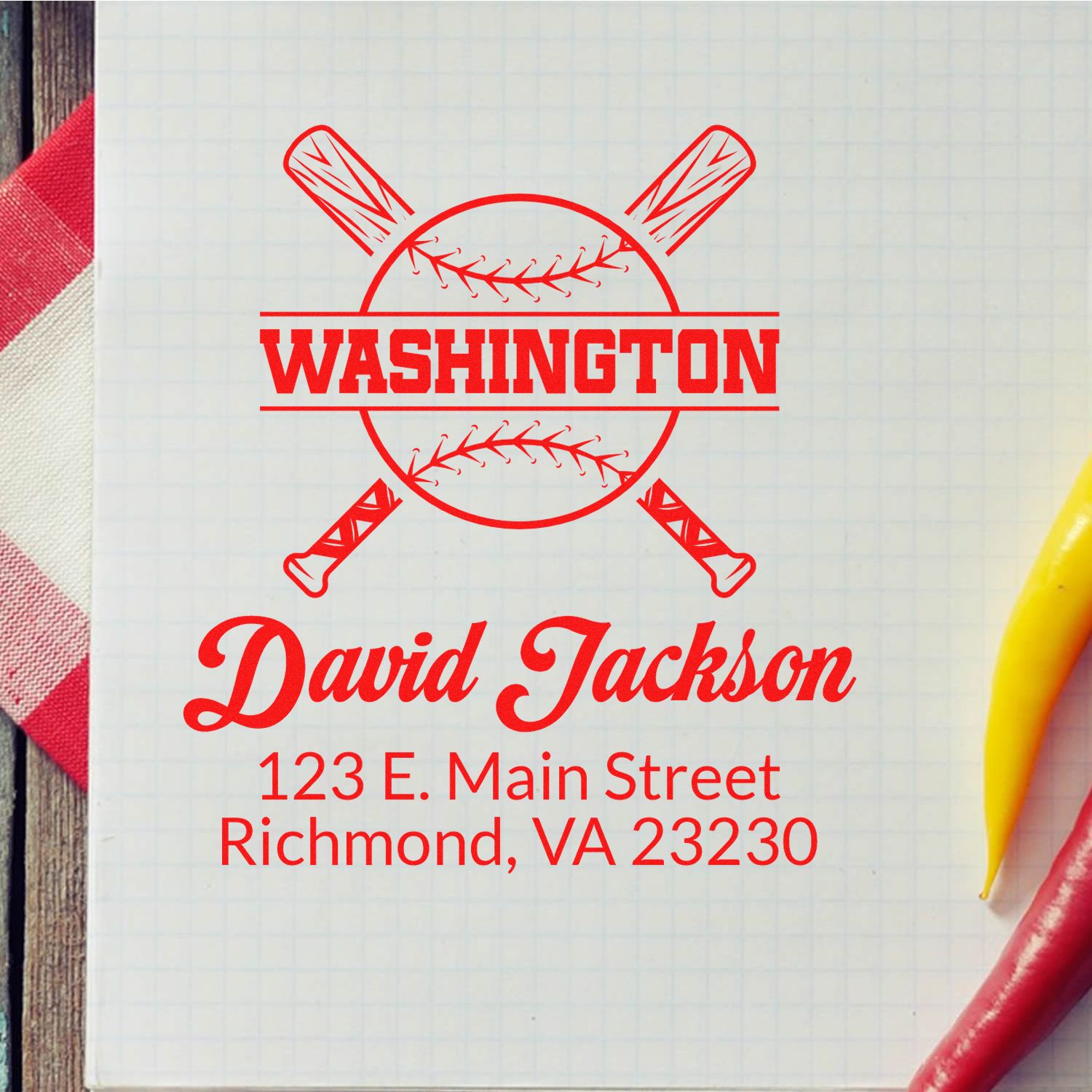 Personalized baseball rubber stamp for David Jackson, featuring Washington logo and Richmond, VA return address.