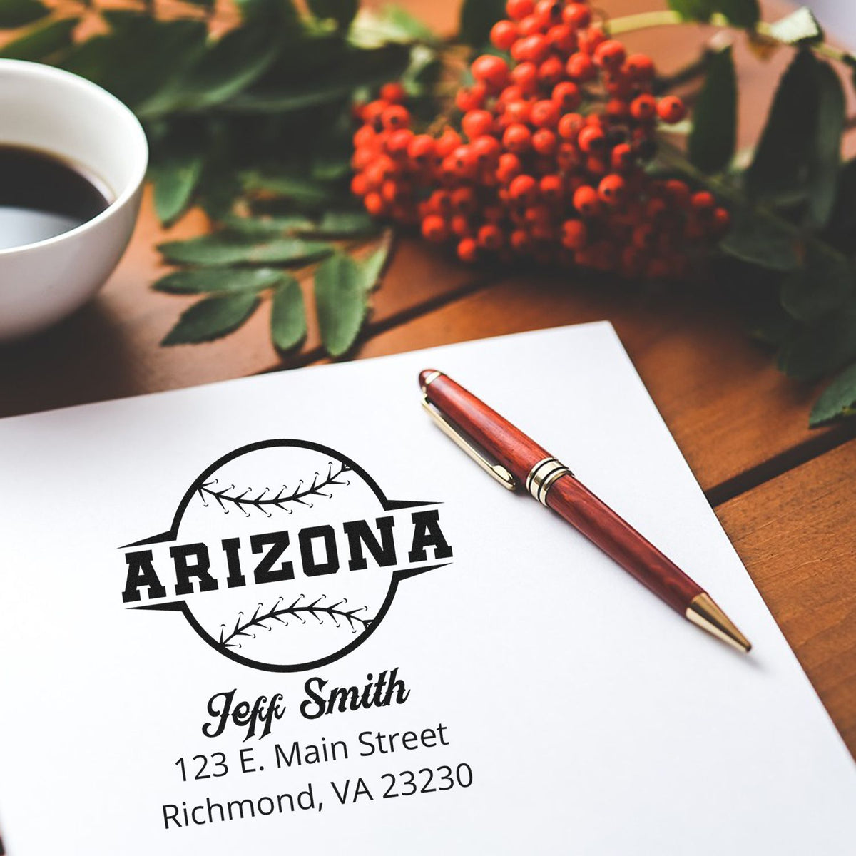 Custom Arizona baseball rubber stamp with name and return address for personalized envelopes and stationery.