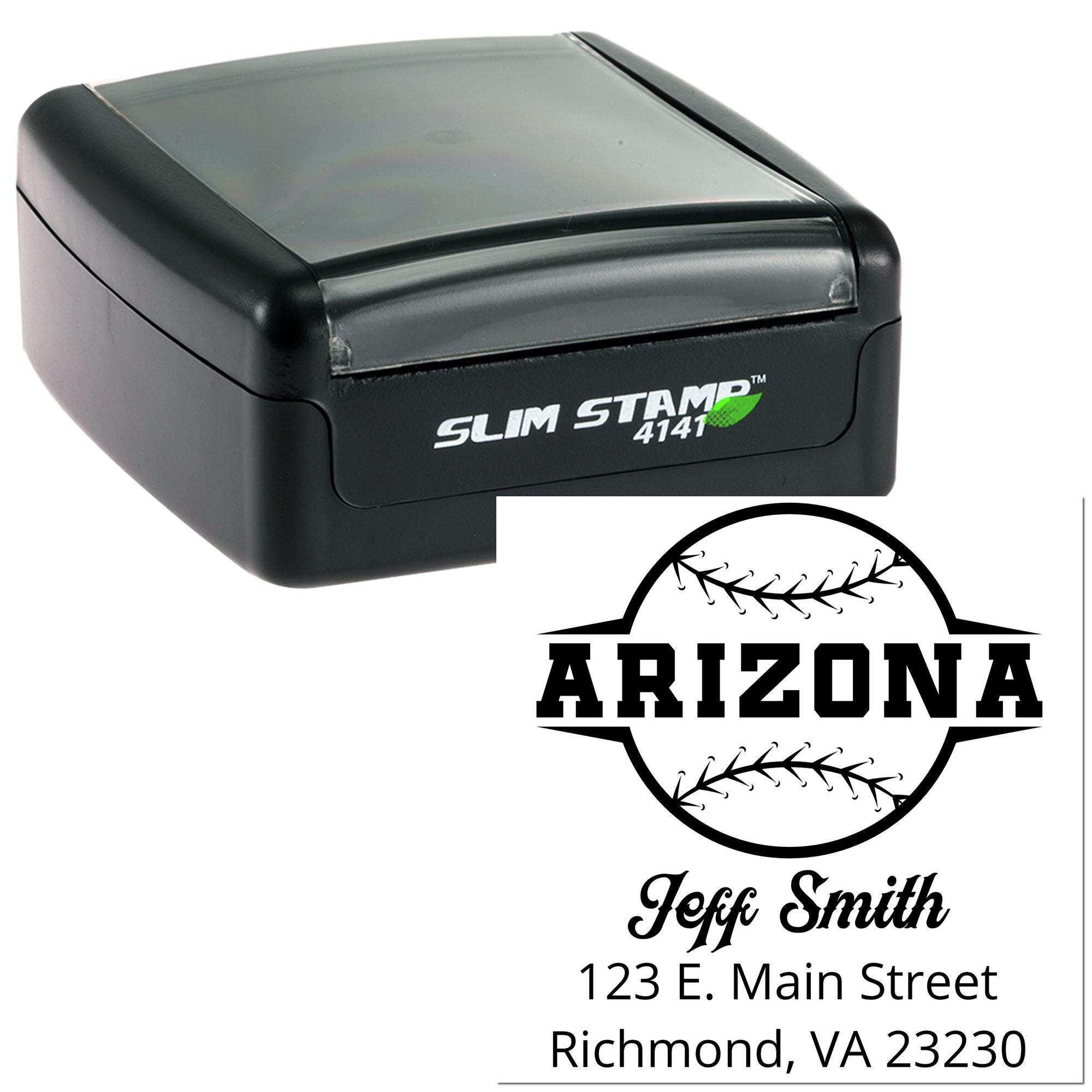 Custom self-inking rubber stamp sample with Arizona baseball logo, name, and address for personalized return mail.