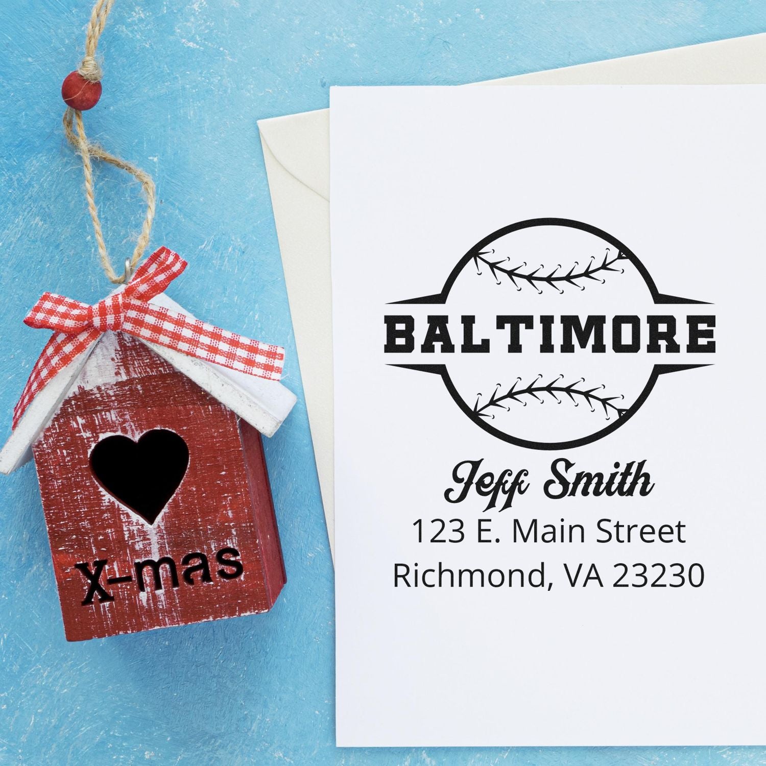 Custom Baltimore baseball rubber stamp with personalized name and address for return addressing or fan stationery.