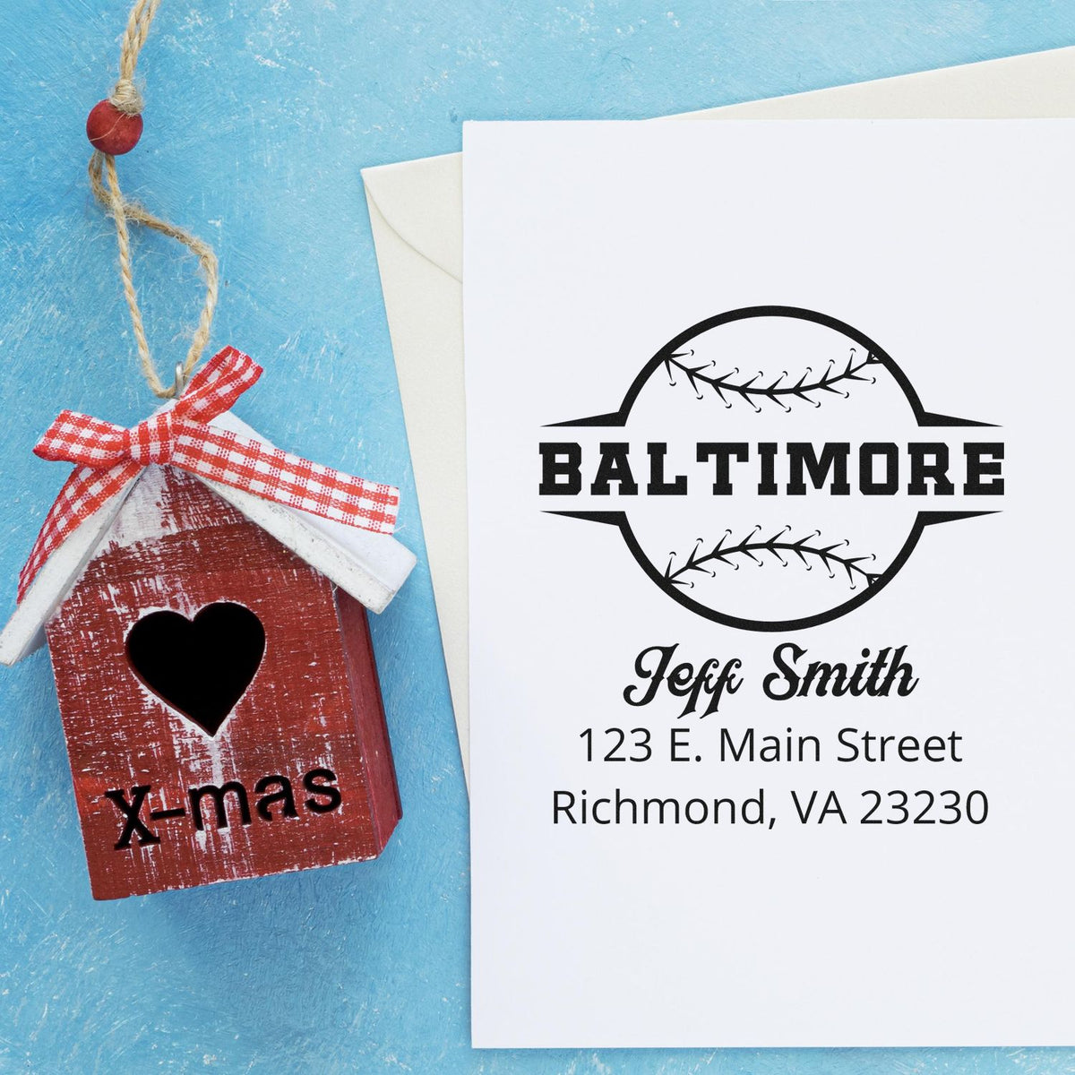 Custom baseball return address rubber stamp with Baltimore design, personalized Jeff Smith name, and Richmond, VA address.