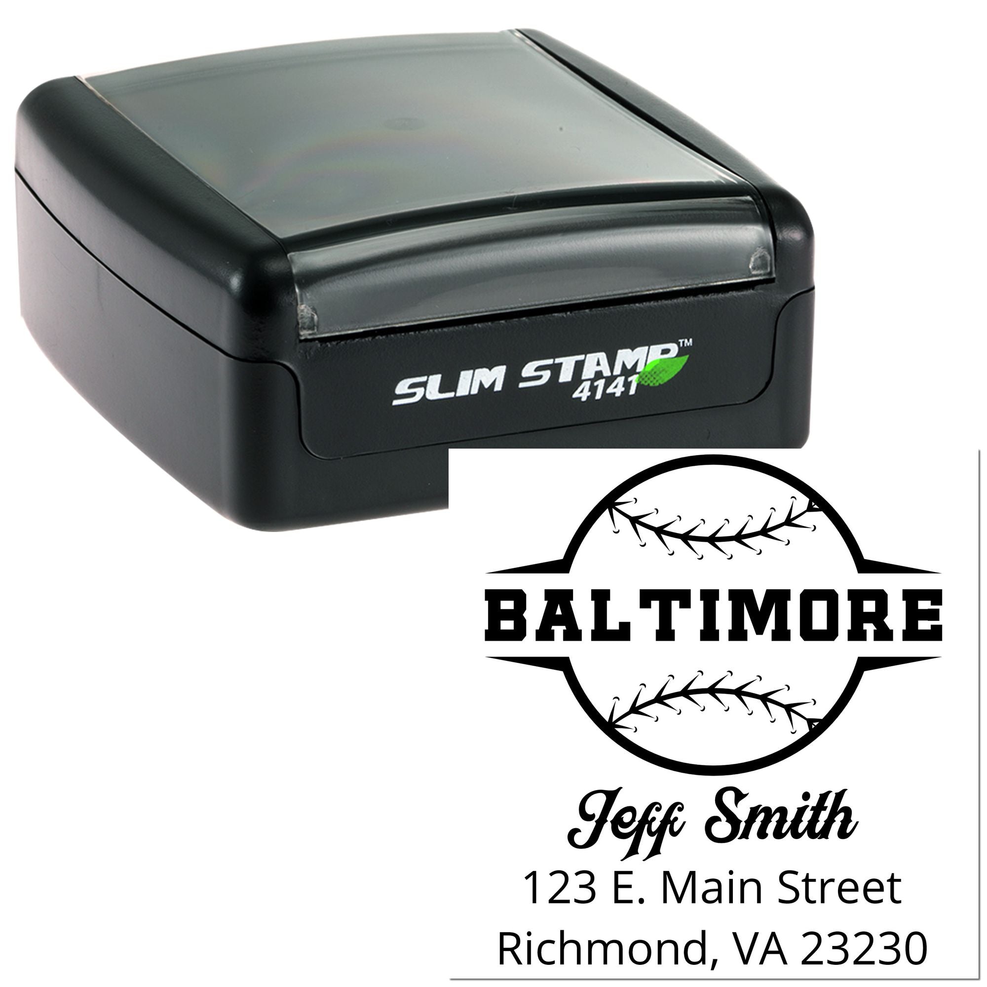 Custom self-inking rubber stamp with Baltimore baseball logo, Jeff Smith name, and Richmond, VA address.