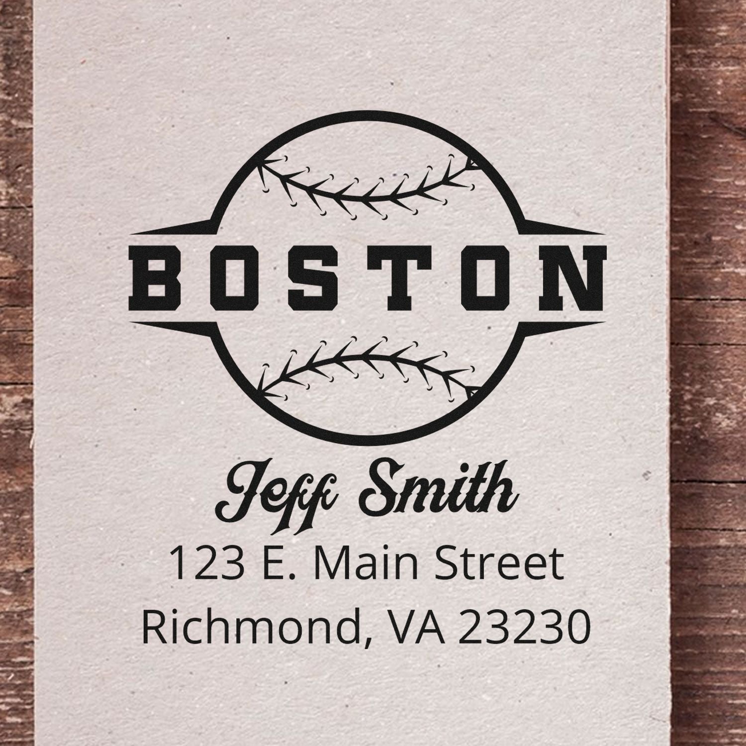 Custom Boston baseball rubber stamp with name and address for personalized return address use.