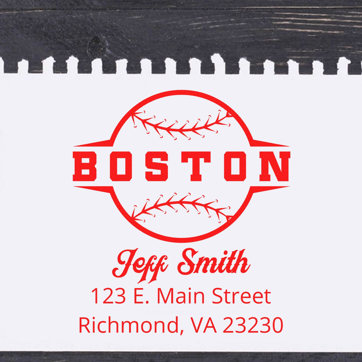 Custom Boston baseball return address rubber stamp for Jeff Smith, Richmond, VA 23230.