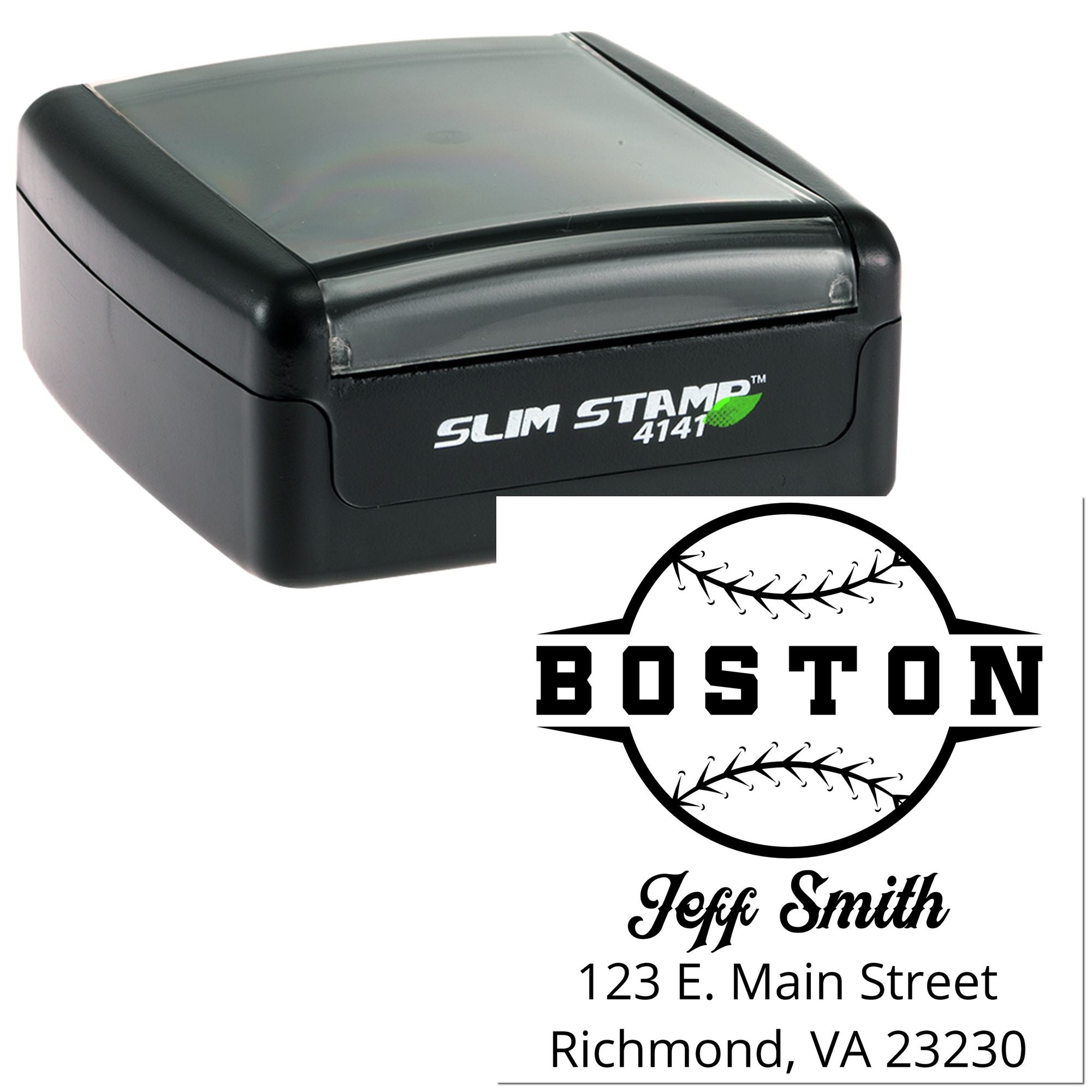 Custom self-inking rubber stamp with Boston baseball logo, Jeff Smith name, and Richmond, VA address.