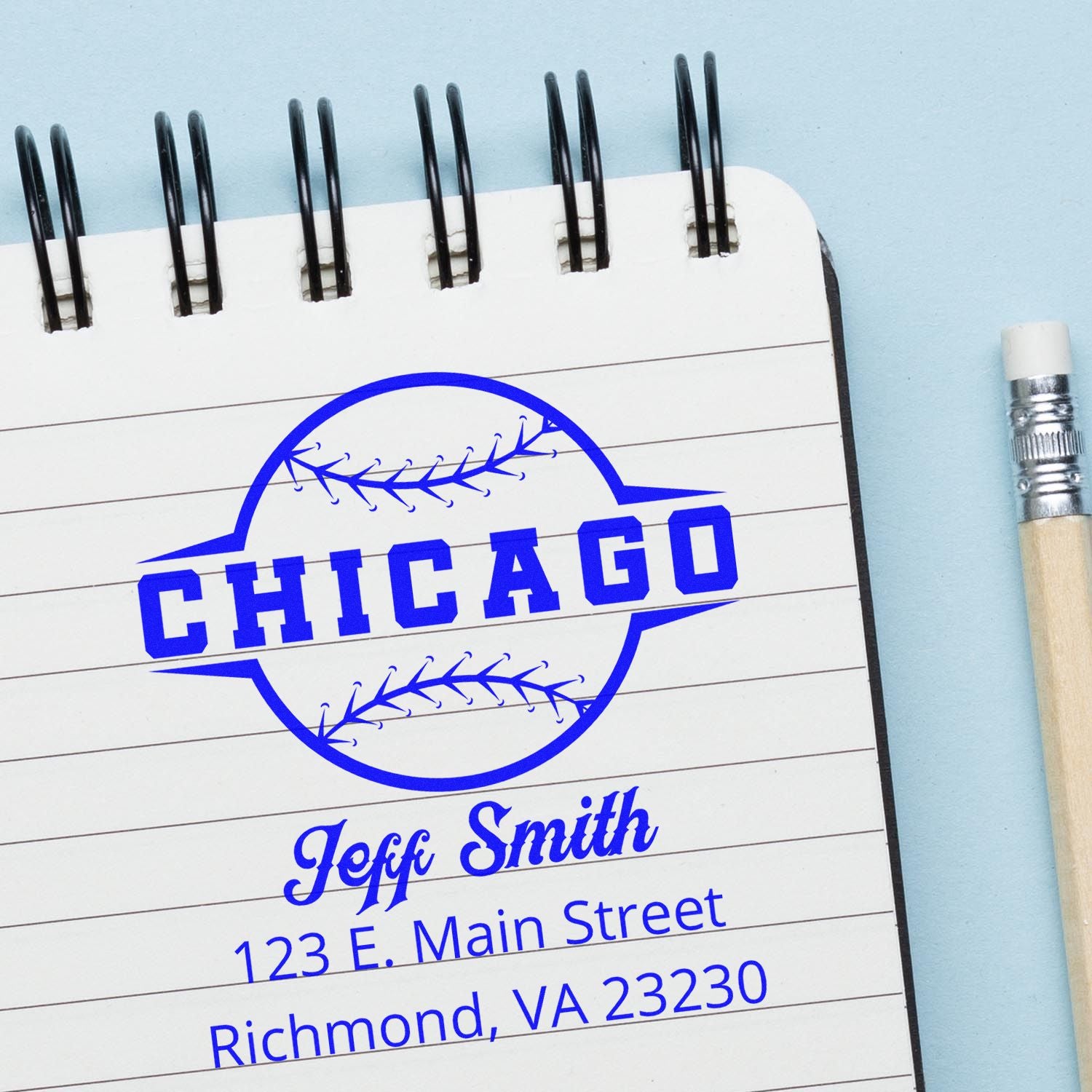 Personalized Chicago baseball rubber stamp for name and address imprint on notebook paper