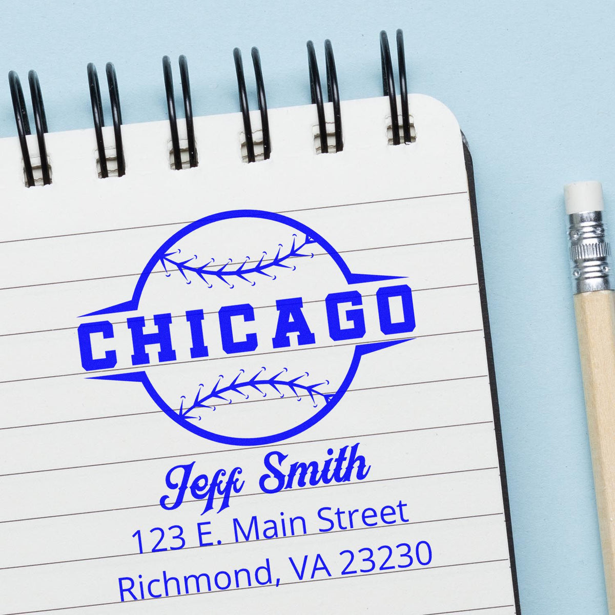Custom Chicago baseball address rubber stamp design shown on a notepad, featuring Jeff Smith and Richmond, VA contact details.
