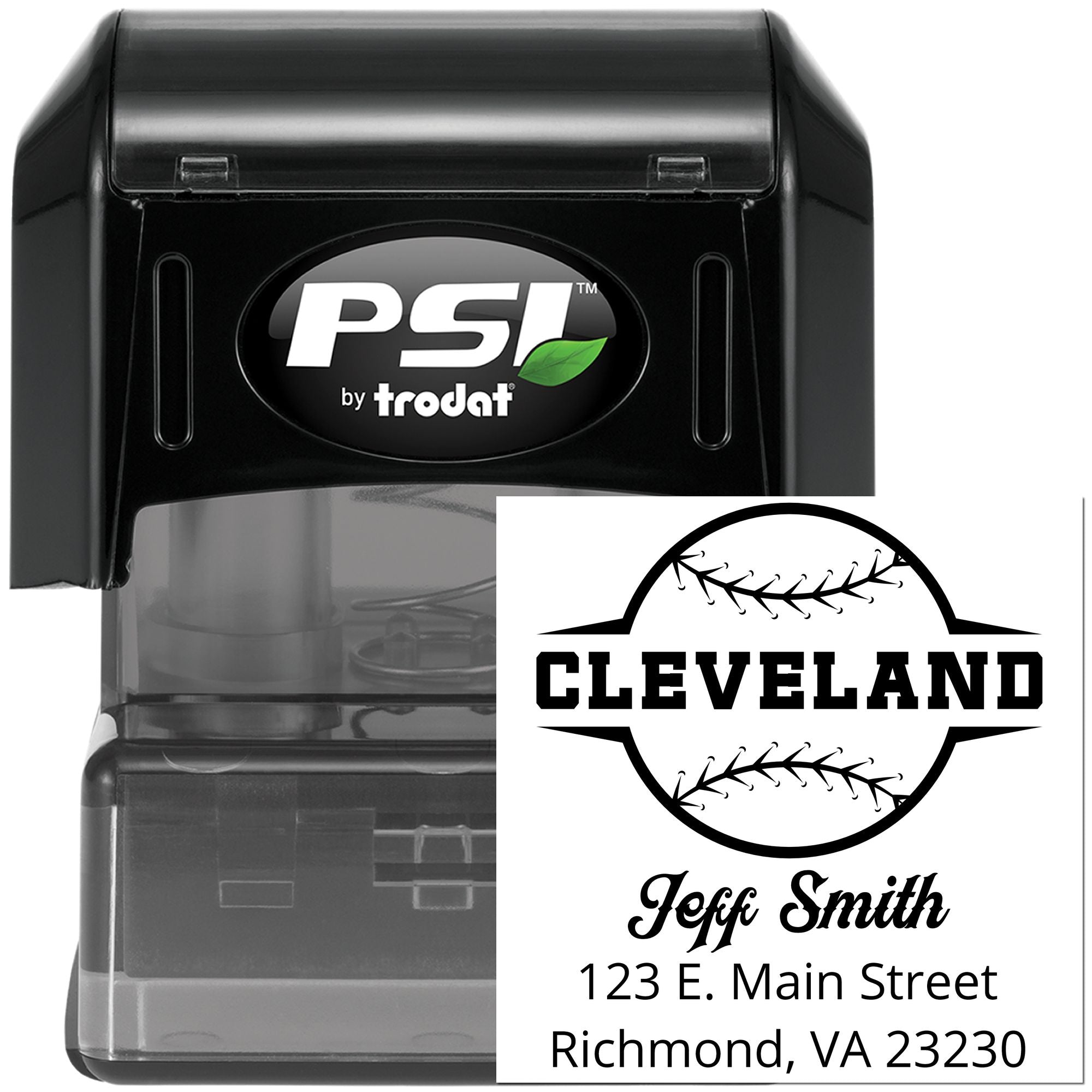 Personalized self-inking PSI by Trodat rubber stamp for Cleveland baseball, with Jeff Smith and Richmond, VA address.