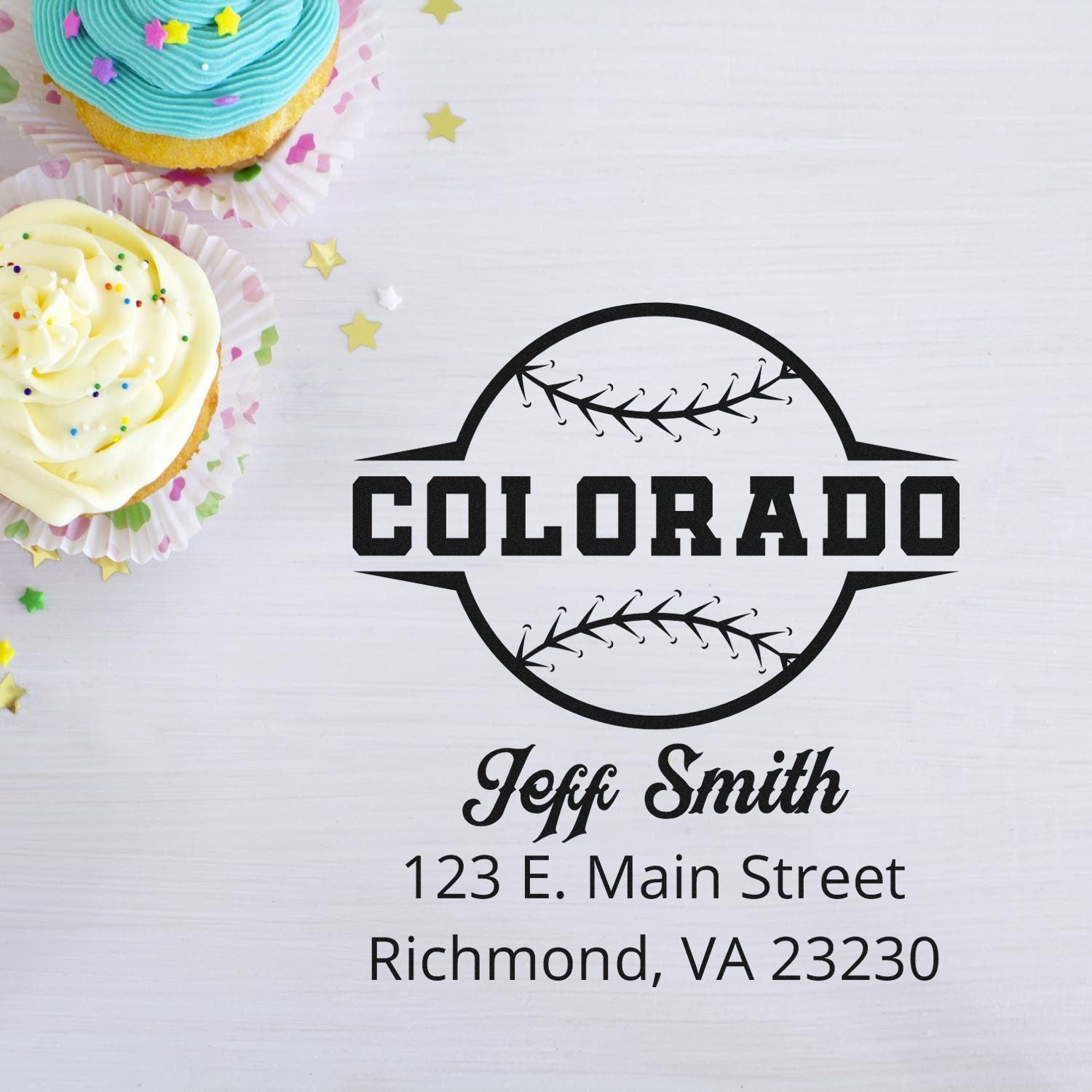 Custom Colorado baseball rubber stamp with Jeff Smith name and Richmond, VA return address for envelopes and packaging.