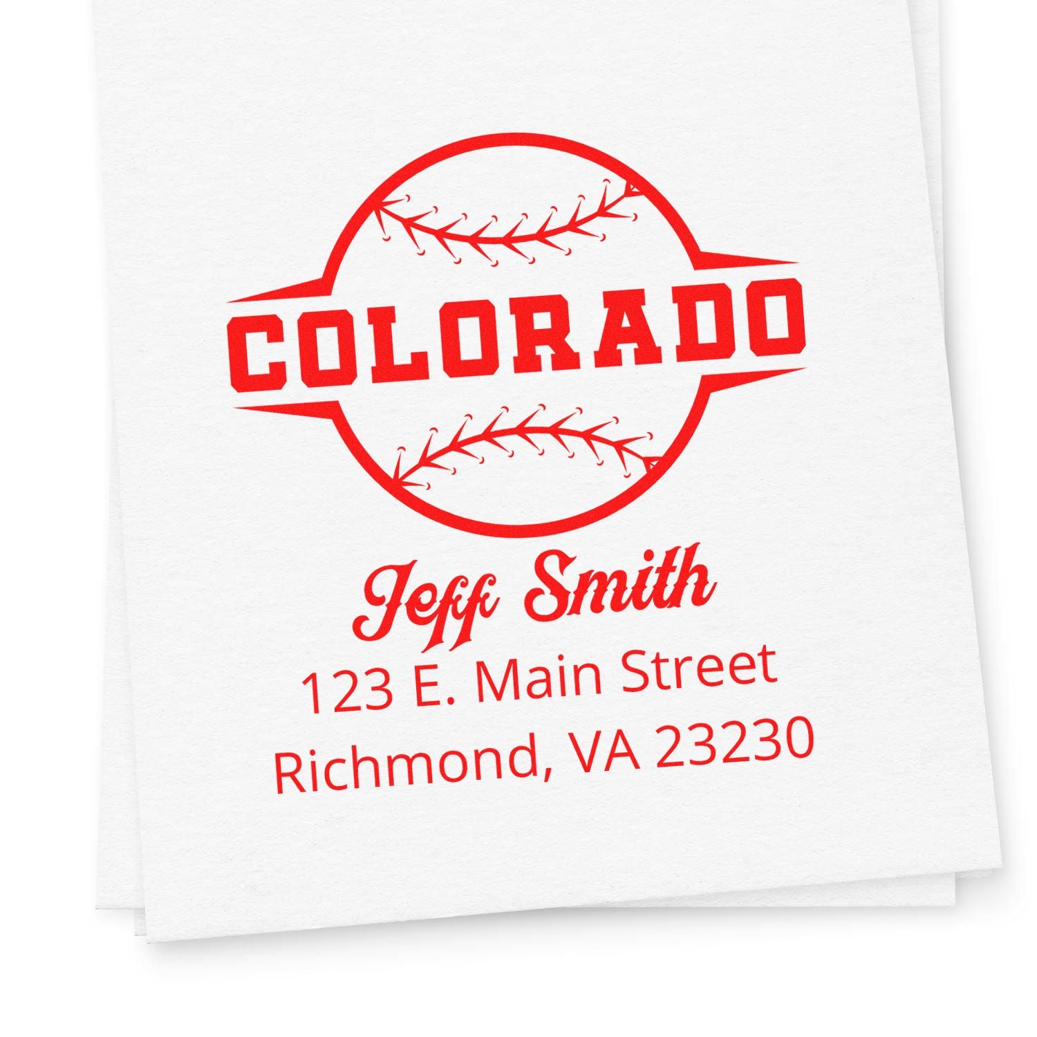 Custom Colorado baseball rubber stamp with Jeff Smith return address, 123 E. Main Street, Richmond, VA 23230.