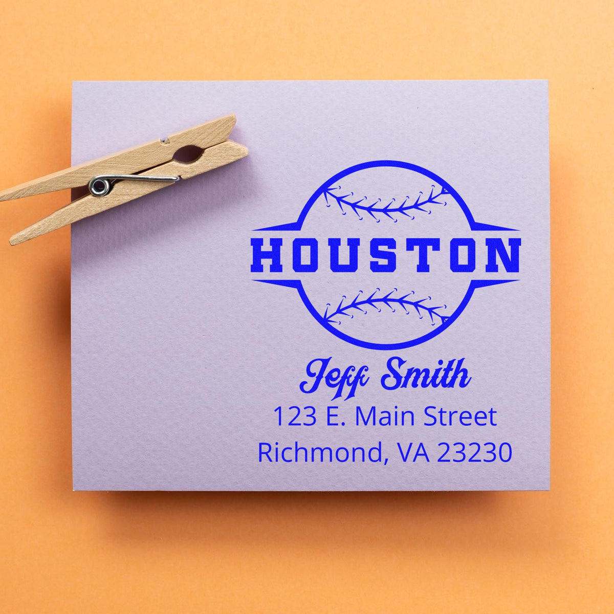 Custom baseball return address rubber stamp for Houston, featuring Jeff Smith and Richmond, VA address.