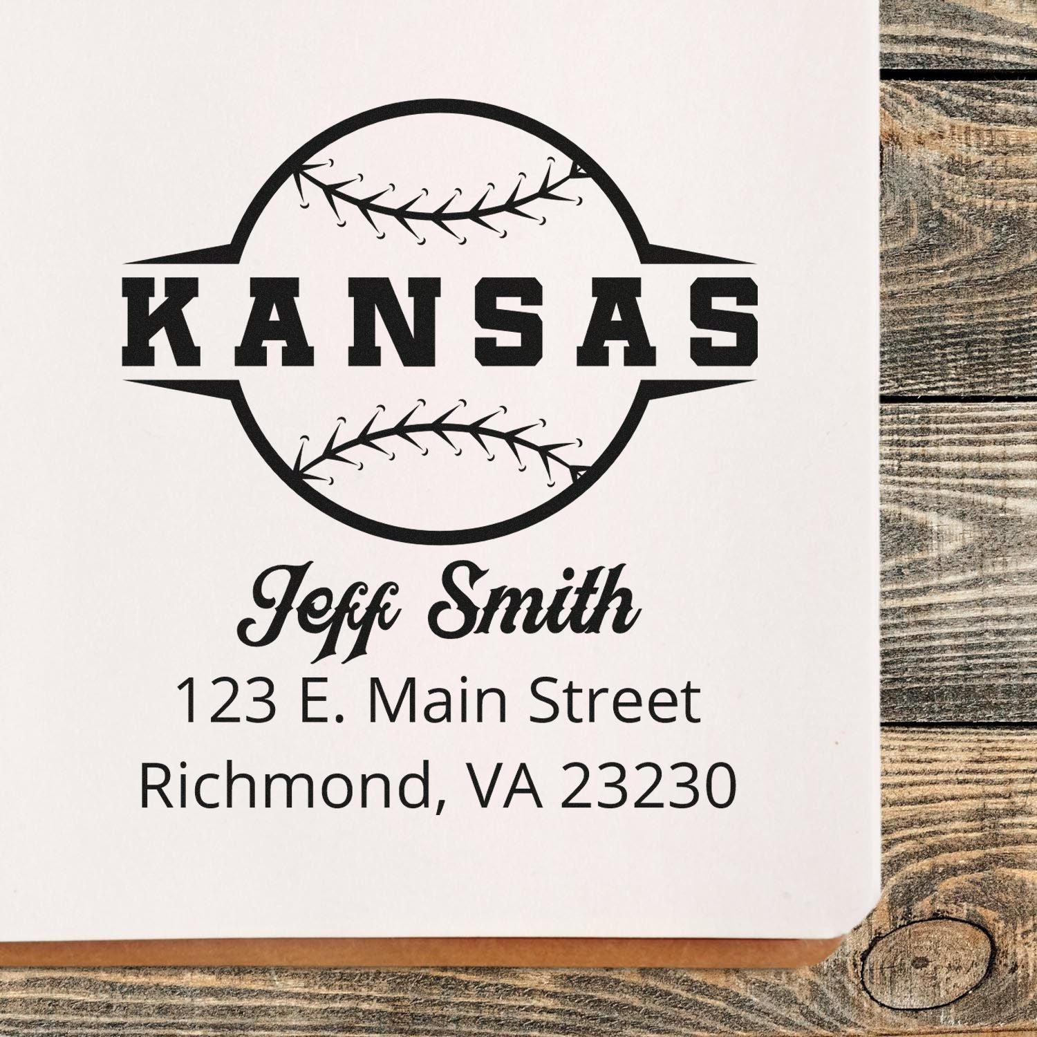 Custom Kansas baseball return address rubber stamp with Jeff Smith, 123 E. Main Street, Richmond, VA 23230.