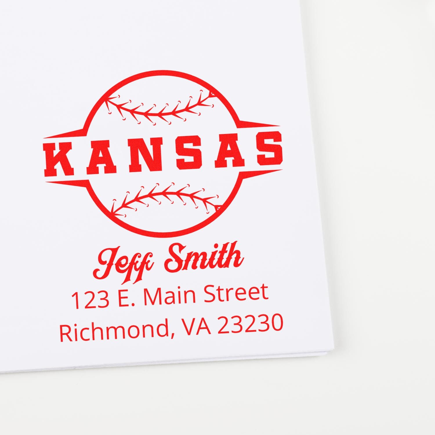 Personalized Kansas baseball rubber stamp with Jeff Smith name and Richmond, VA address in red ink.