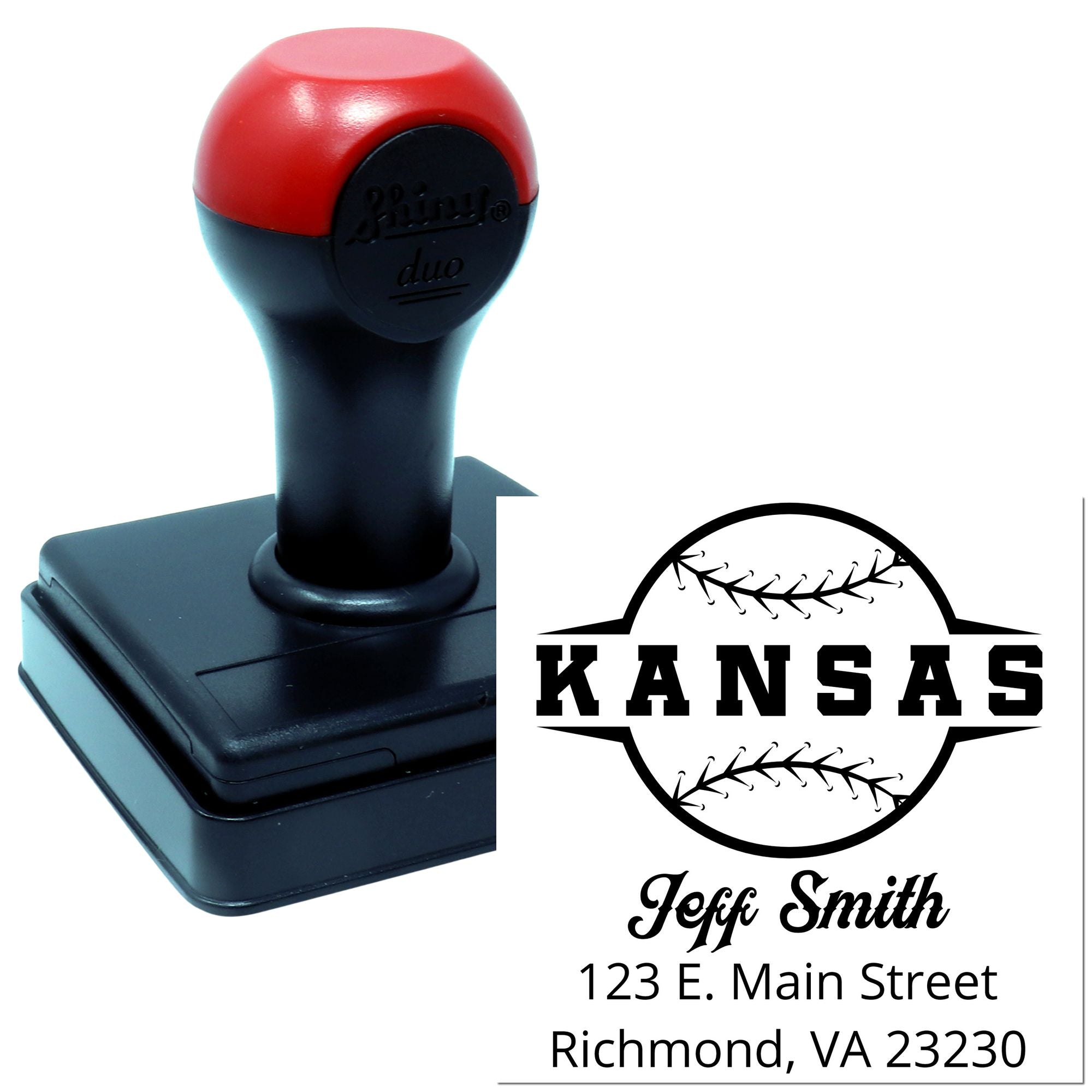 Custom self-inking rubber stamp with Kansas baseball logo, name, and address imprint