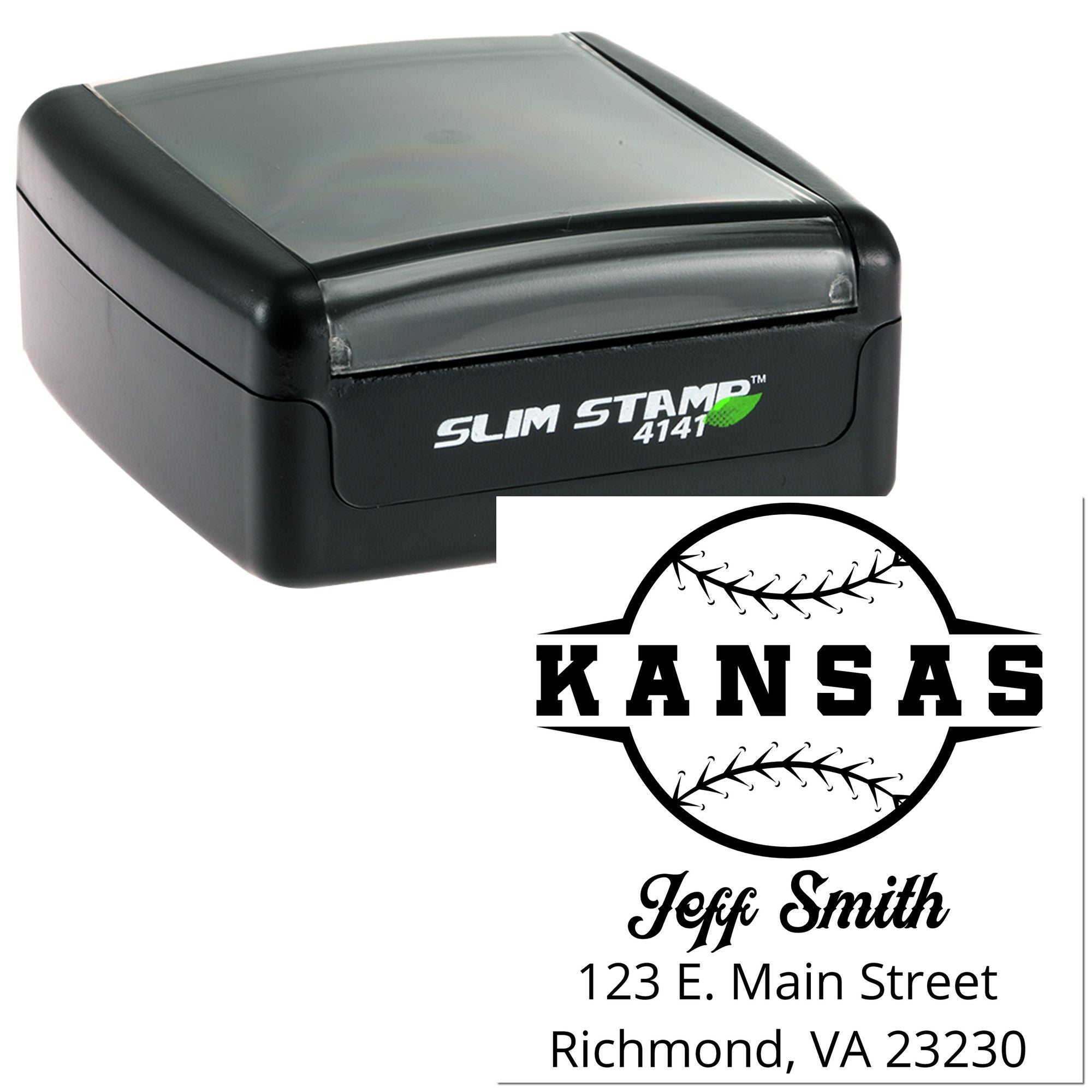 Custom self-inking rubber stamp and sample Kansas address imprint for Jeff Smith, Richmond, VA, ideal for return address use.