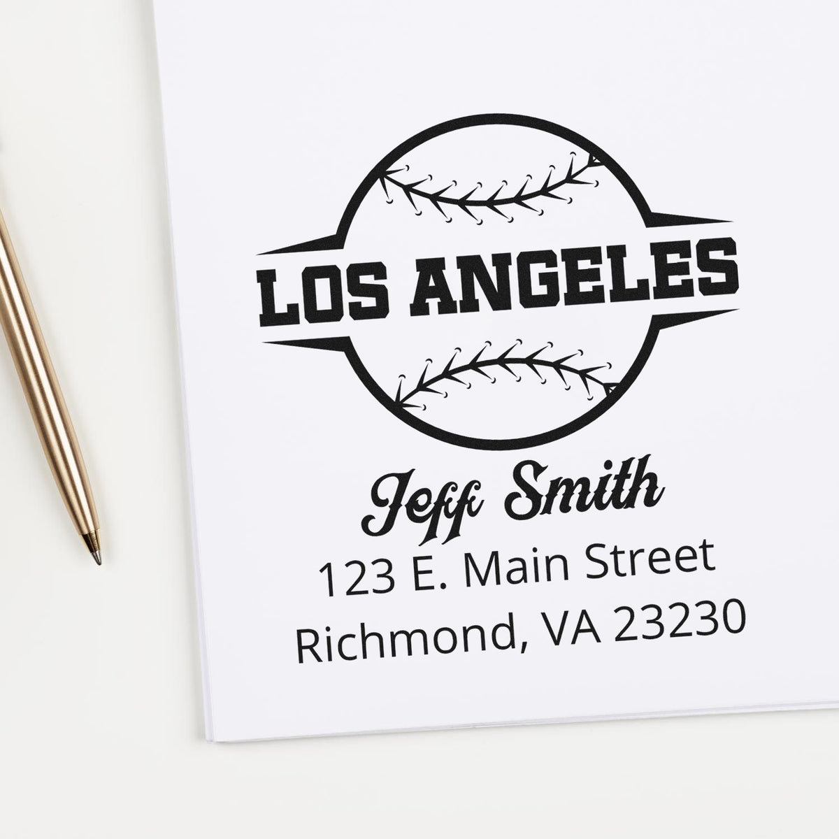 Custom baseball return address rubber stamp with Los Angeles, Jeff Smith, and Richmond, VA address details.