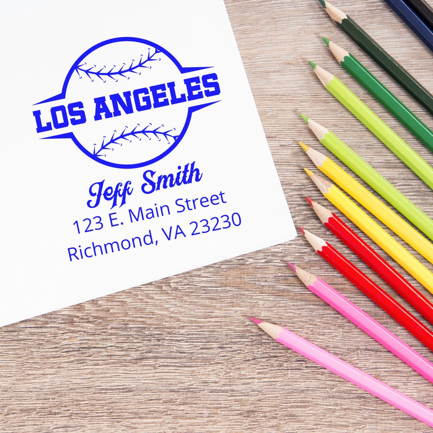 Custom Los Angeles baseball address rubber stamp with Jeff Smith name and Richmond, VA mailing address.