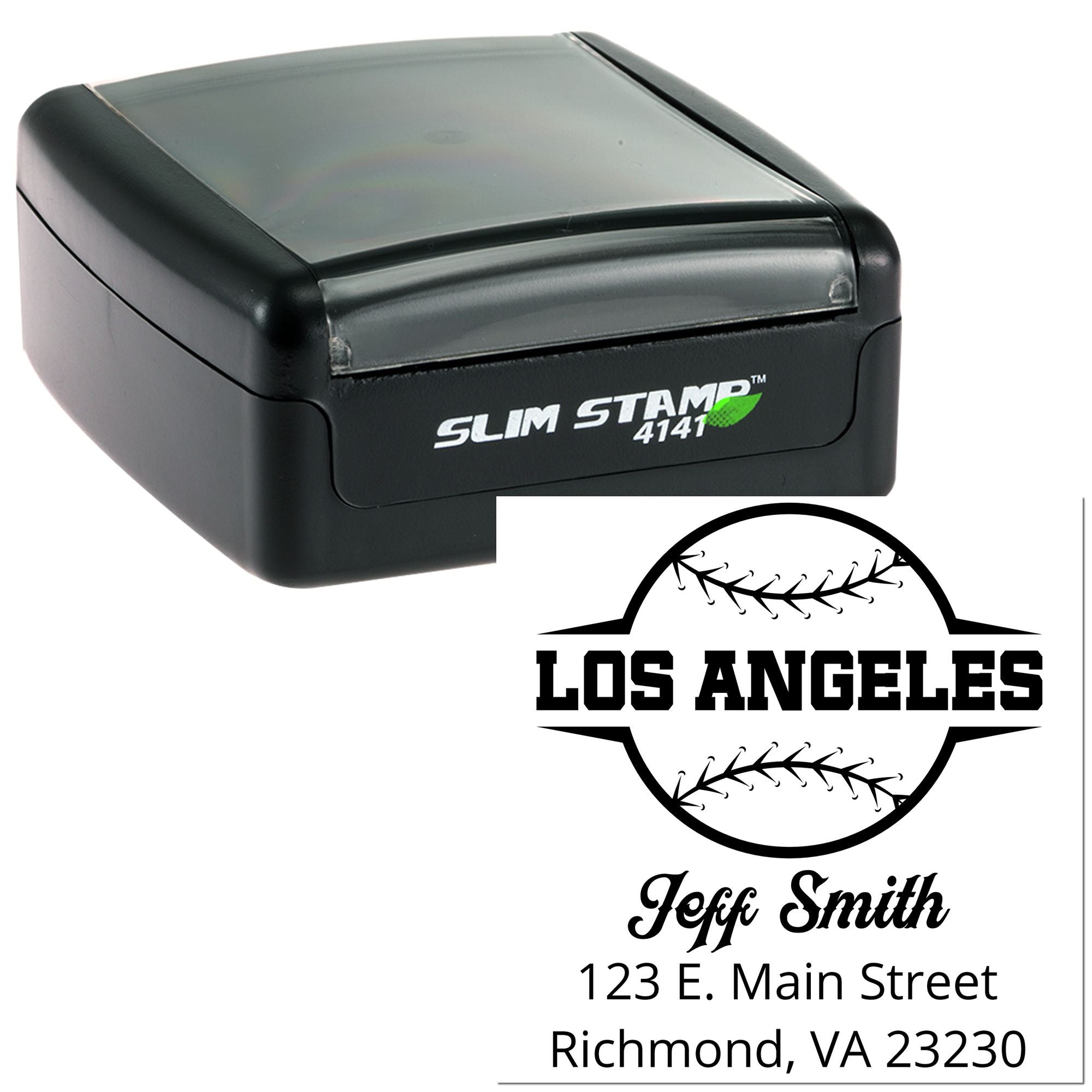 Custom self-inking rubber stamp with baseball logo, Jeff Smith name, and address for personalized mailing or return address use.