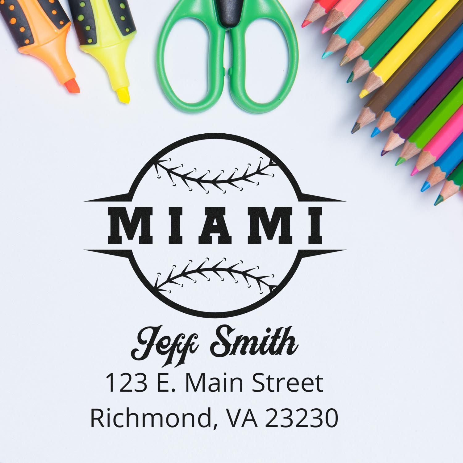 Personalized Miami baseball rubber stamp mockup with Jeff Smith name, address, and city for return mailing and branding.