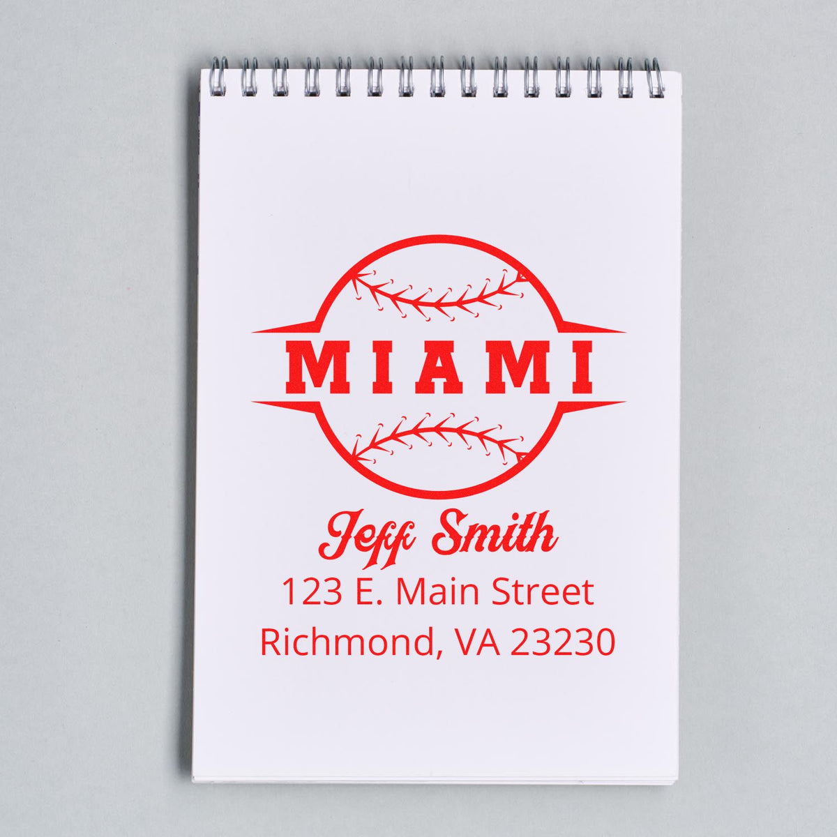 Miami baseball custom rubber stamp with Jeff Smith name and Richmond, VA address.