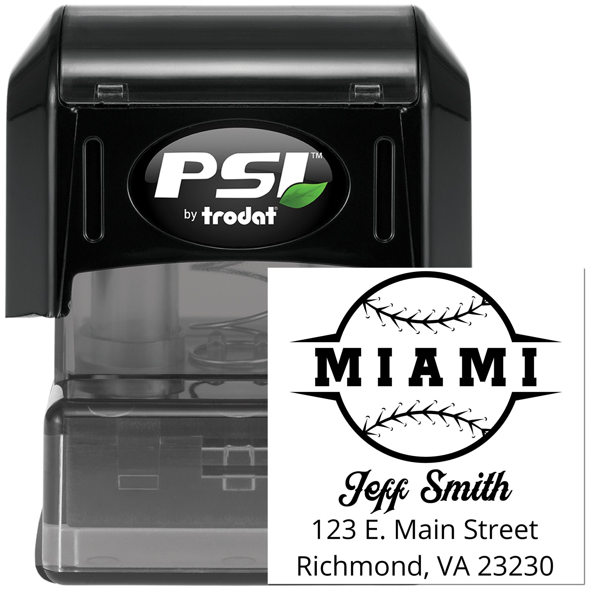 Custom self-inking baseball address rubber stamp with Miami design for Jeff Smith, Richmond VA.