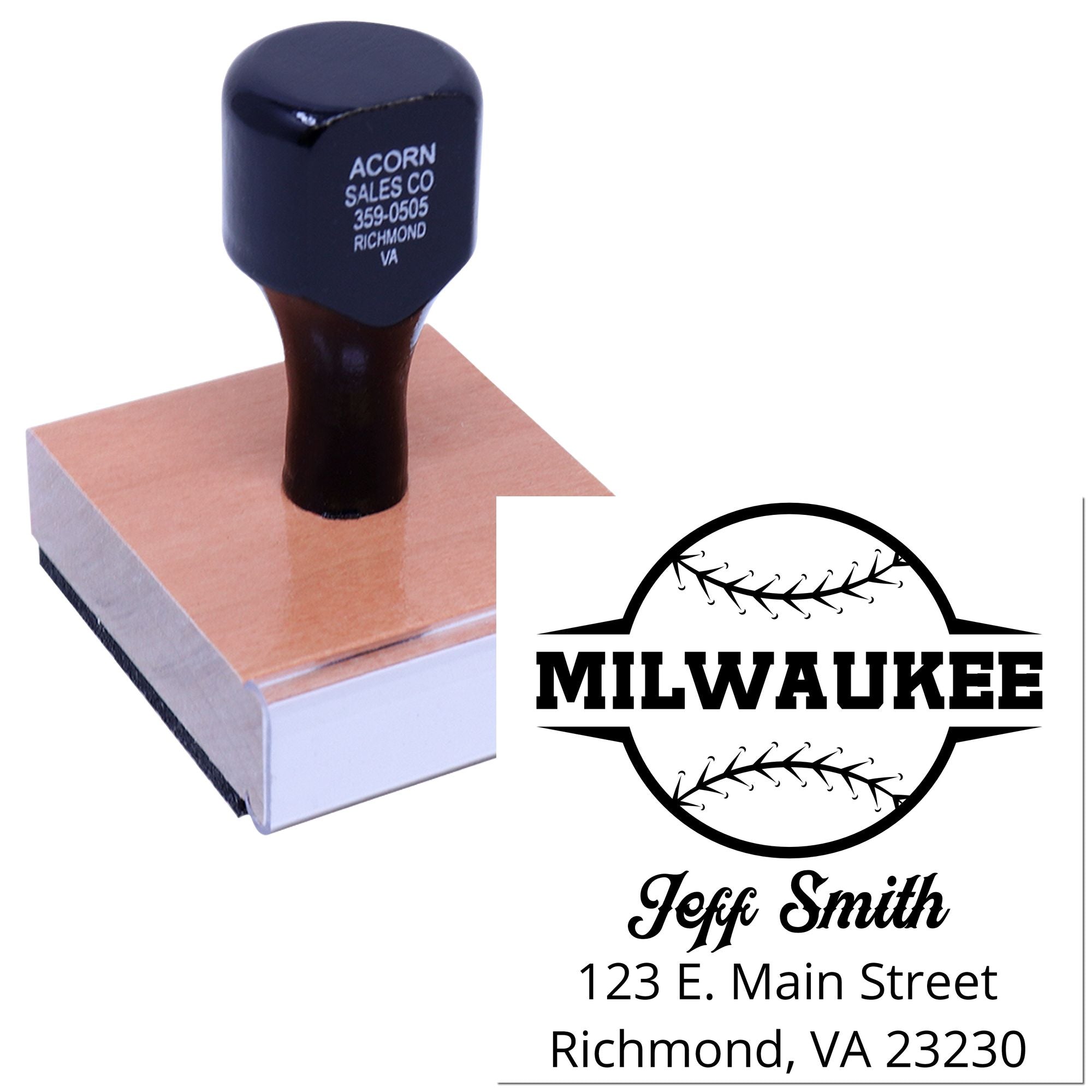 Custom baseball rubber stamp with Milwaukee logo and return address for personalized business branding and mailing.