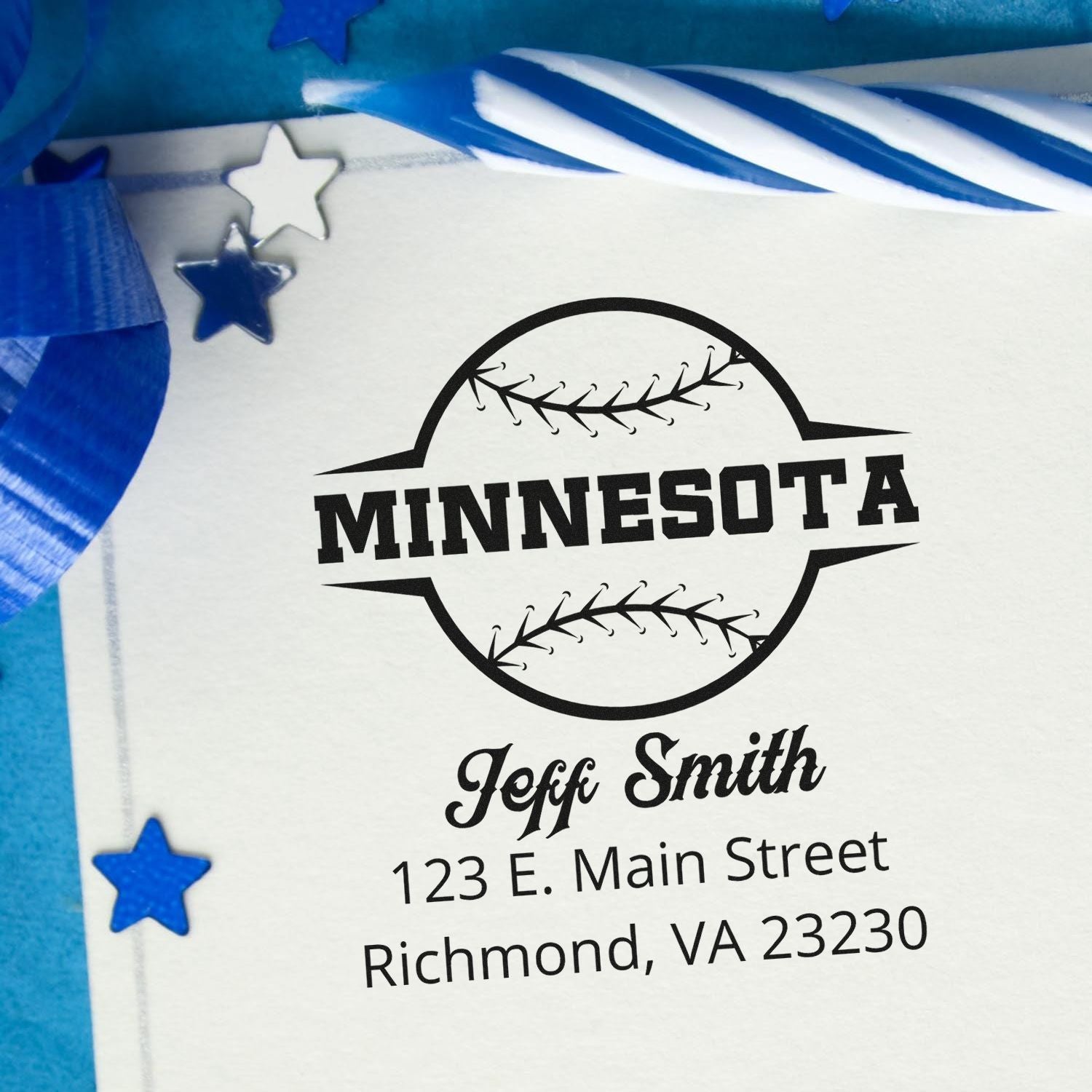 Custom baseball return address rubber stamp with Minnesota logo, personalized name, and Richmond, VA address.
