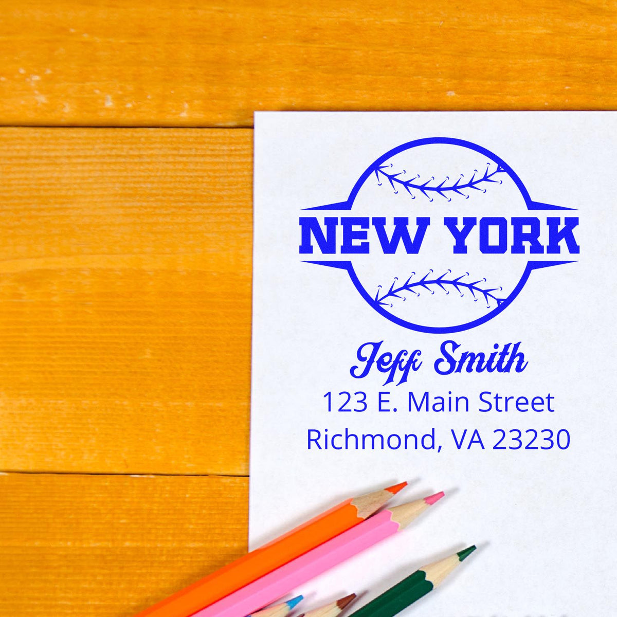 Custom New York baseball rubber stamp for Jeff Smith with Richmond, VA address, printed on paper beside colored pencils.