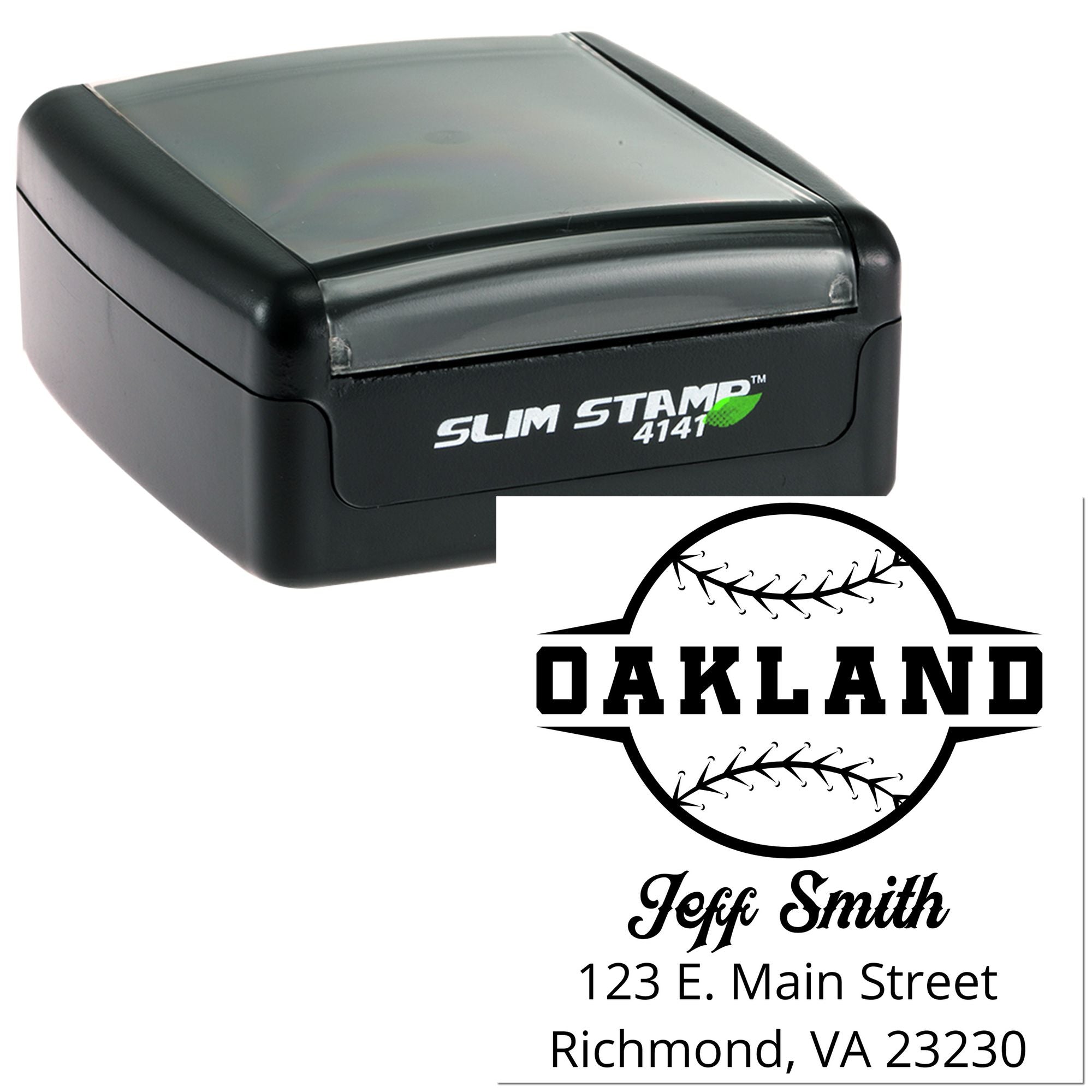 Custom self-inking Slim Stamp rubber stamp with baseball logo, name and address for personalized sports mailings.