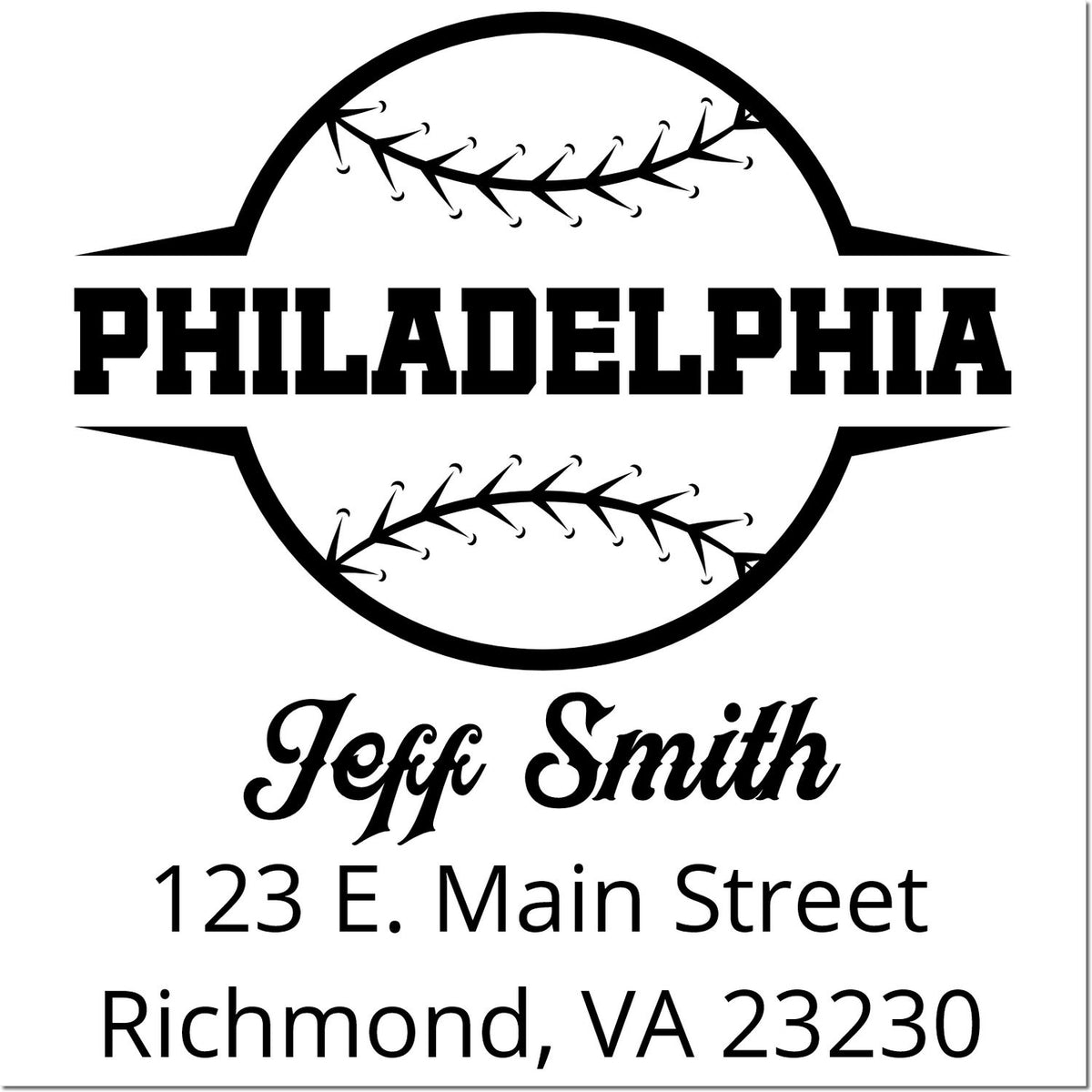 Custom Philadelphia baseball rubber stamp with Jeff Smith, Richmond VA address, and stitched baseball logo for return mailing.