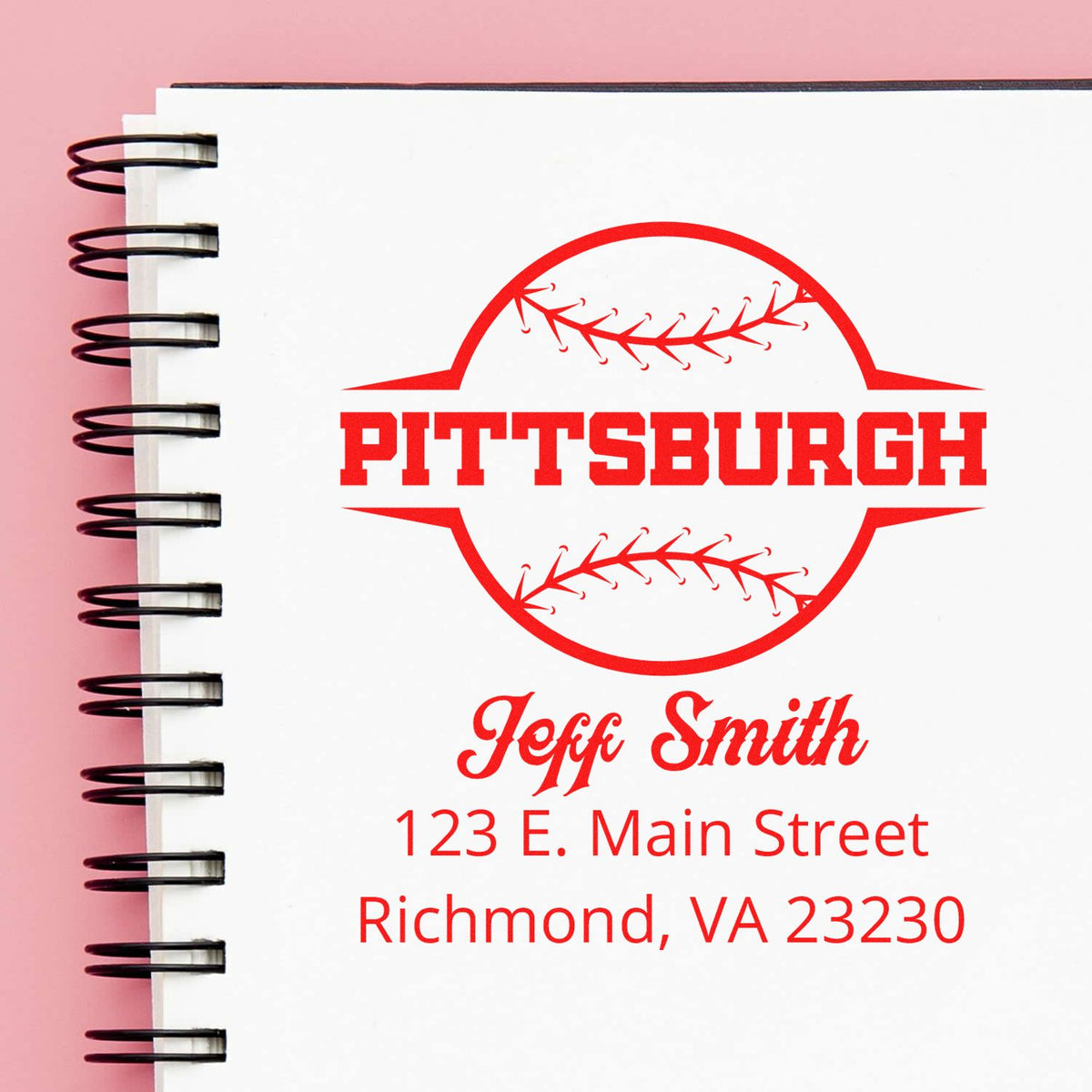 Custom Pittsburgh baseball rubber stamp with Jeff Smith name and Richmond, VA address for mailing and branding.