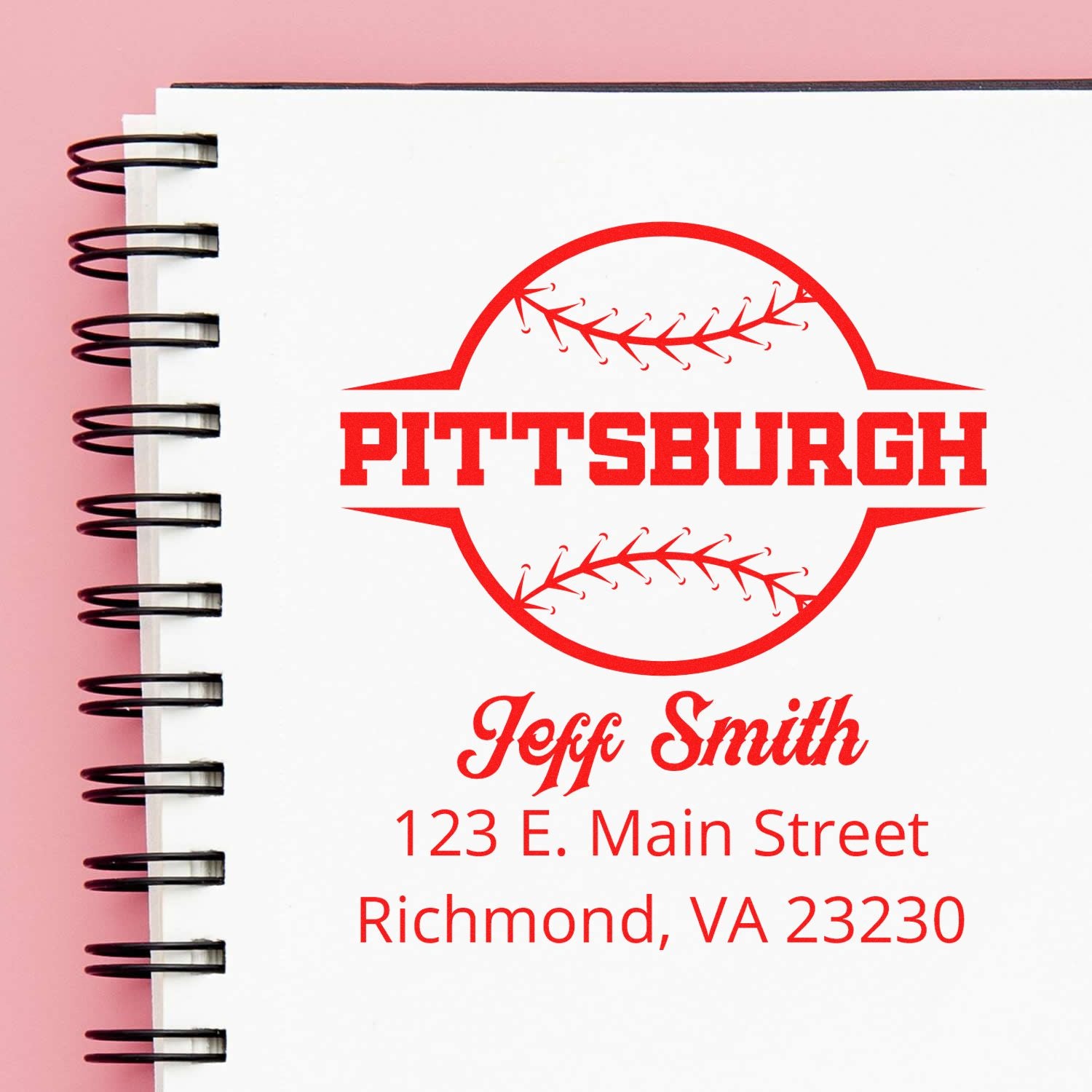 Custom Pittsburgh baseball rubber stamp with Jeff Smith name and Richmond, VA address for business or personal use.