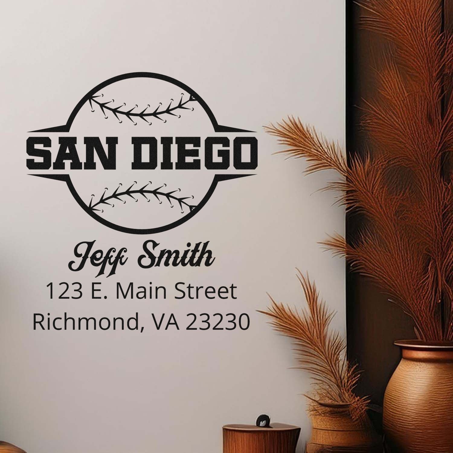 Custom baseball-style rubber address stamp for Jeff Smith, with San Diego design and Richmond, VA address