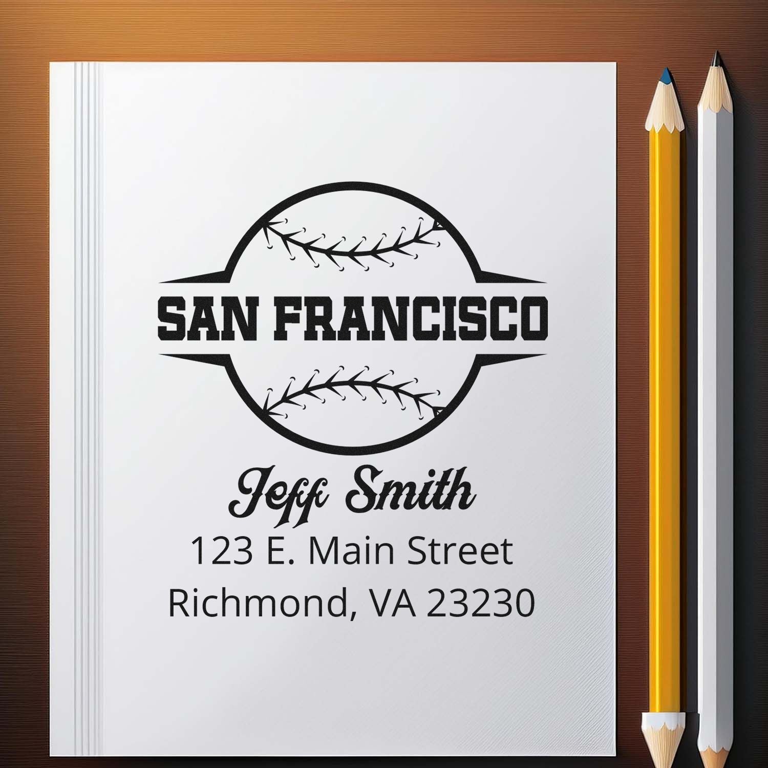 Custom baseball return address rubber stamp with San Francisco logo, Jeff Smith name, and Richmond, VA address on notebook mockup.