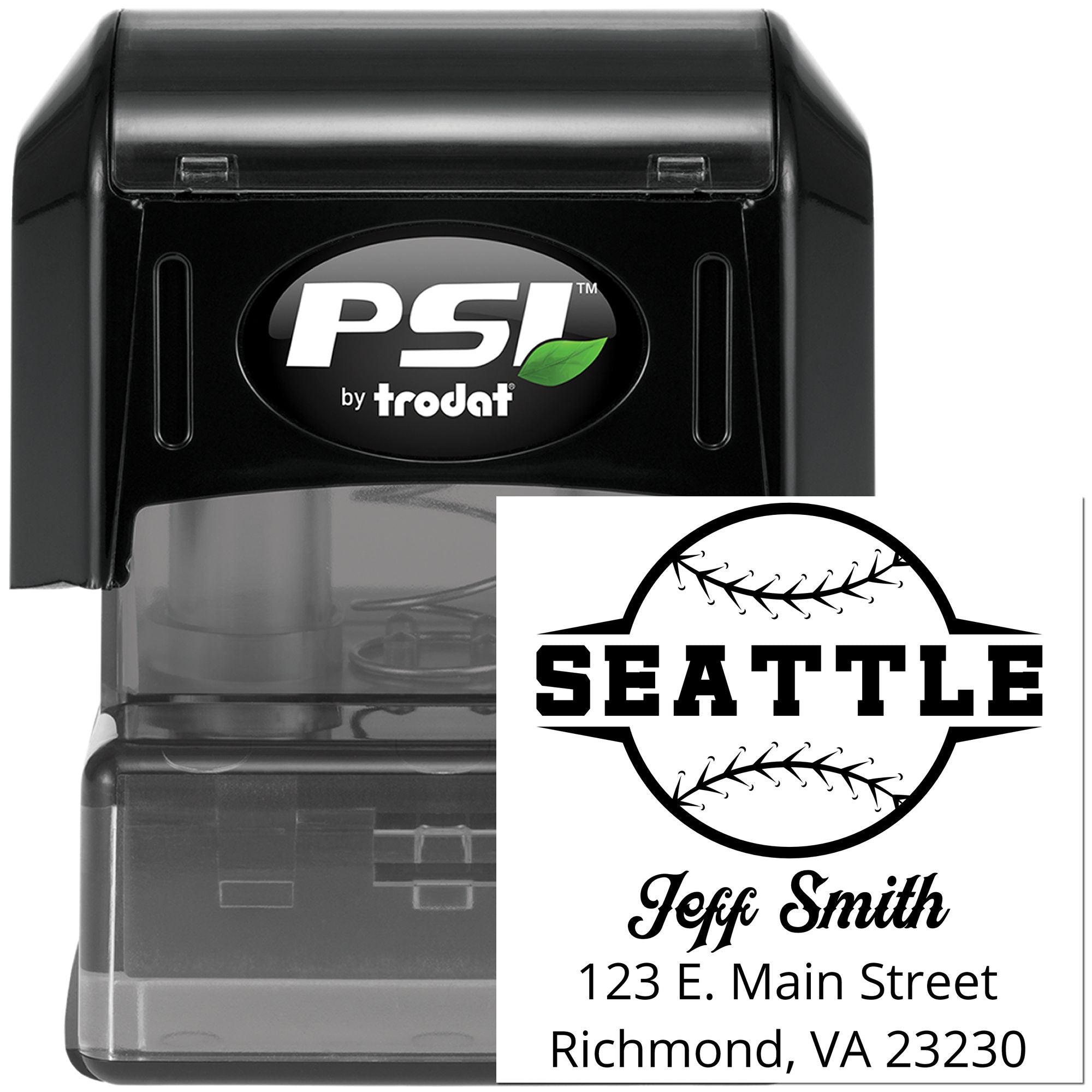 Personalized self-inking rubber stamp by PSI Trodat with Seattle baseball return address design for mailing labels.
