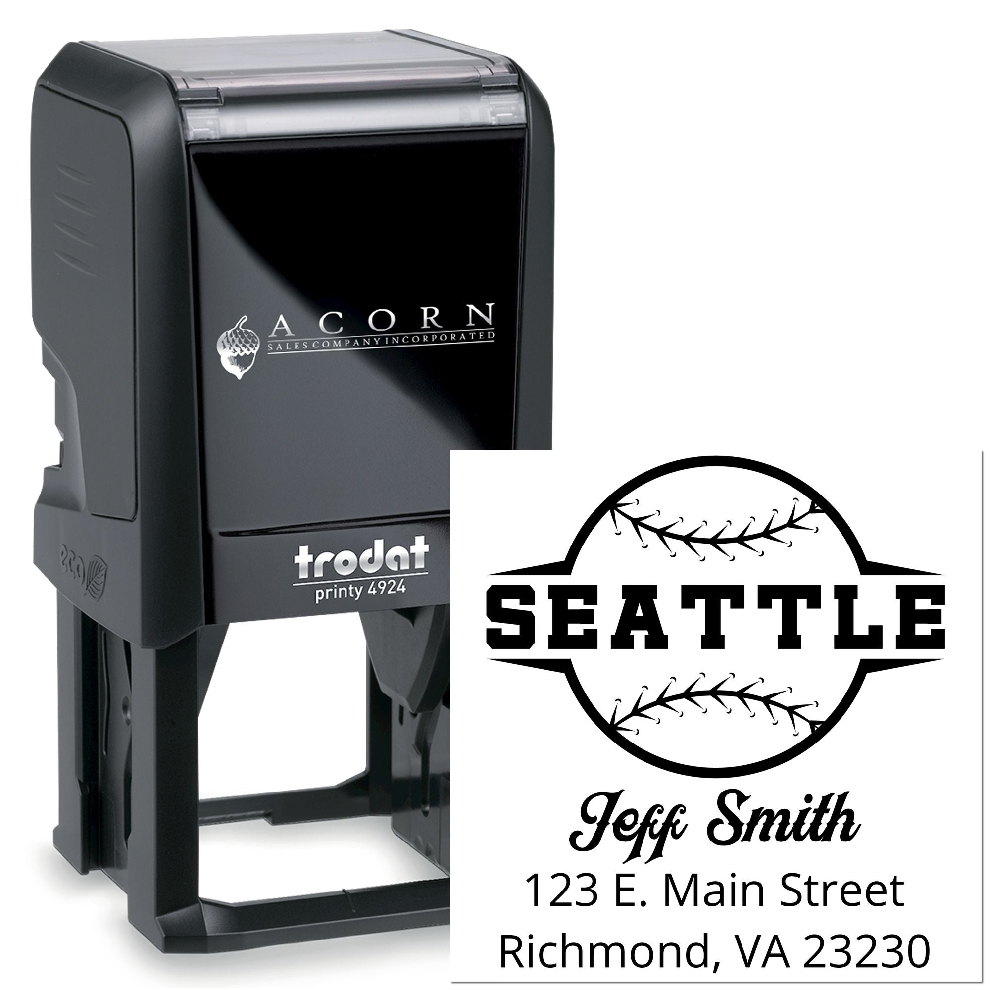 Self-inking Trodat Printy 4924 custom baseball address rubber stamp with Seattle design for Jeff Smith and Richmond, VA.