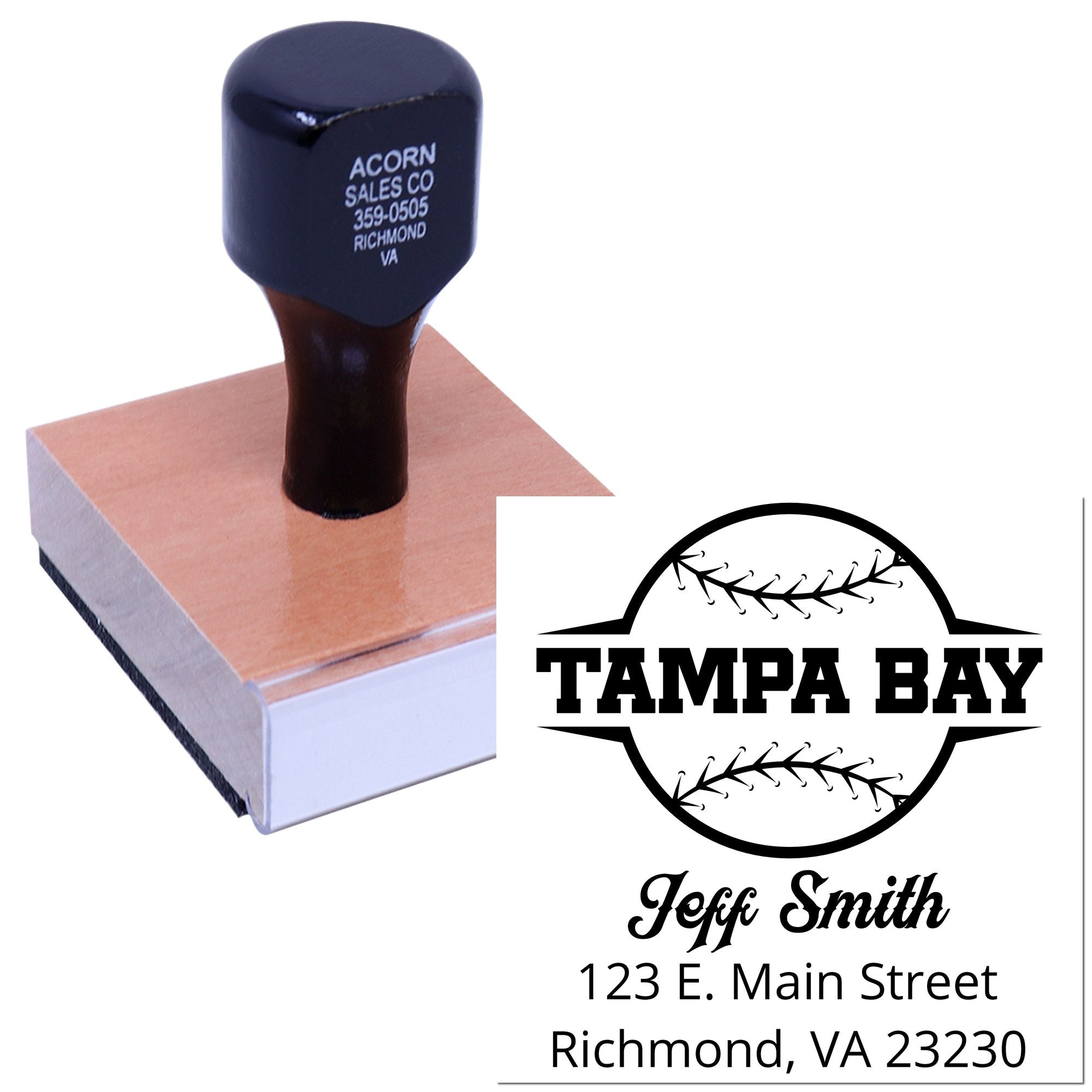 Custom baseball rubber stamp with Tampa Bay logo, Jeff Smith name, and address for personalized mail and branding