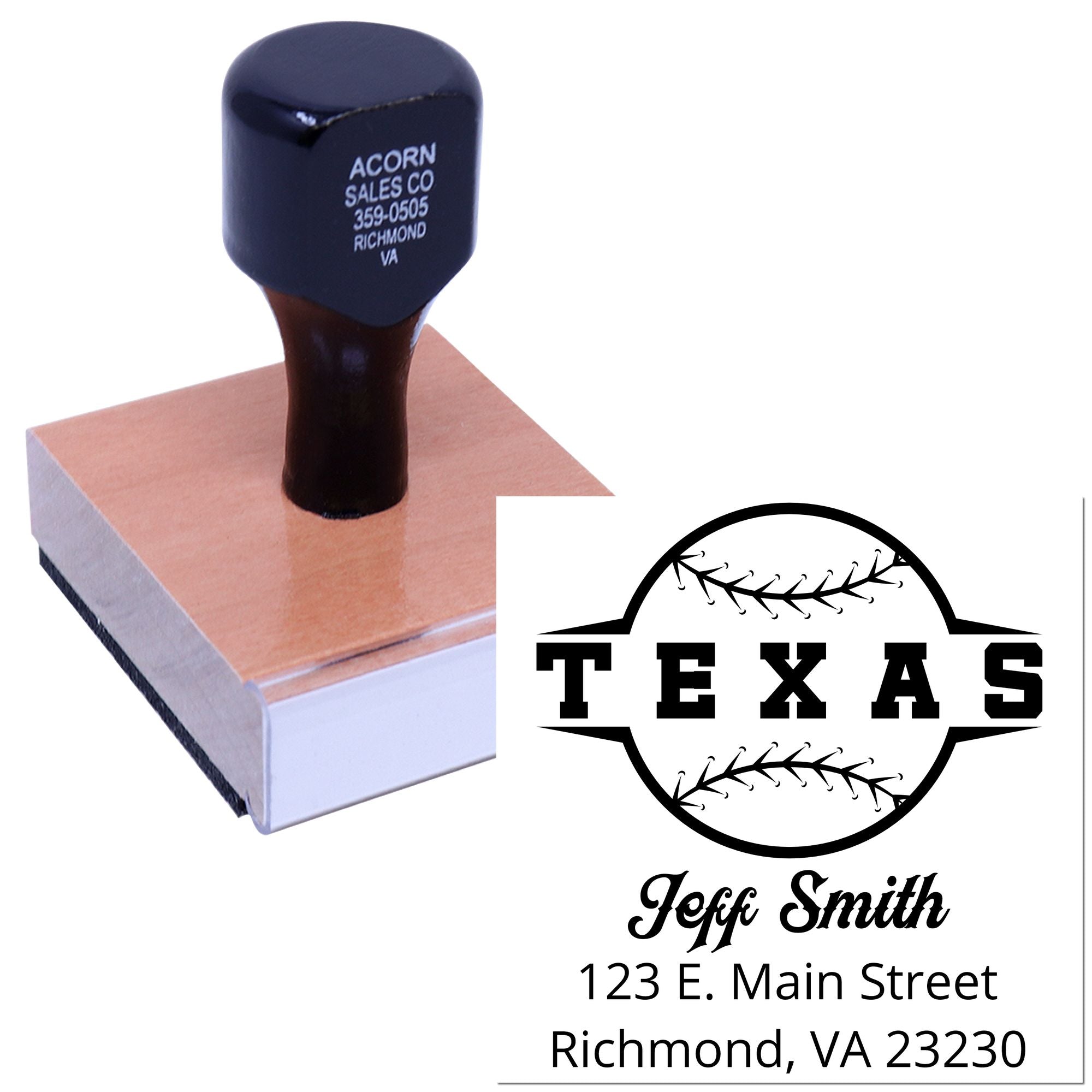 Custom Texas baseball address rubber stamp for personalized mailing, branding, and business use.