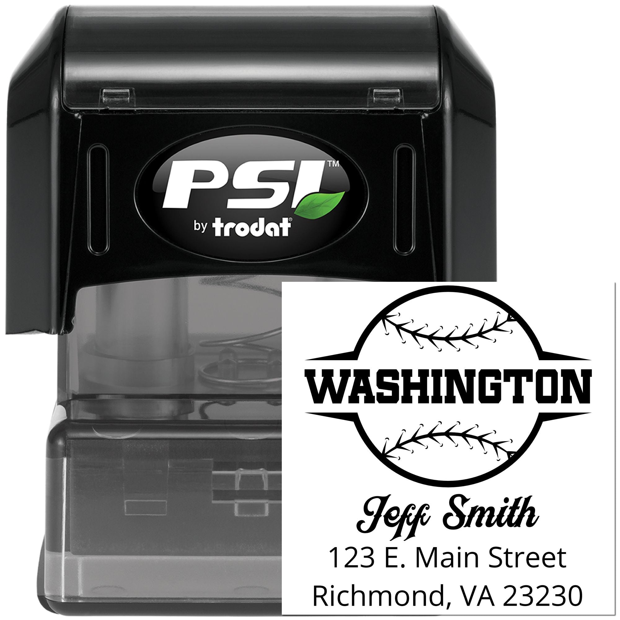 Custom self-inking rubber return address stamp by PSI Trodat with baseball design, Jeff Smith, Richmond VA 23230.