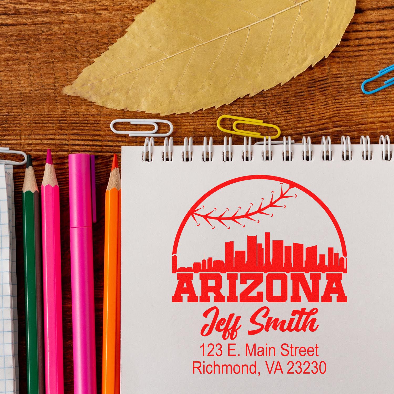 Custom Arizona address rubber stamp impression on notebook, with name and mailing address for branding or correspondence.