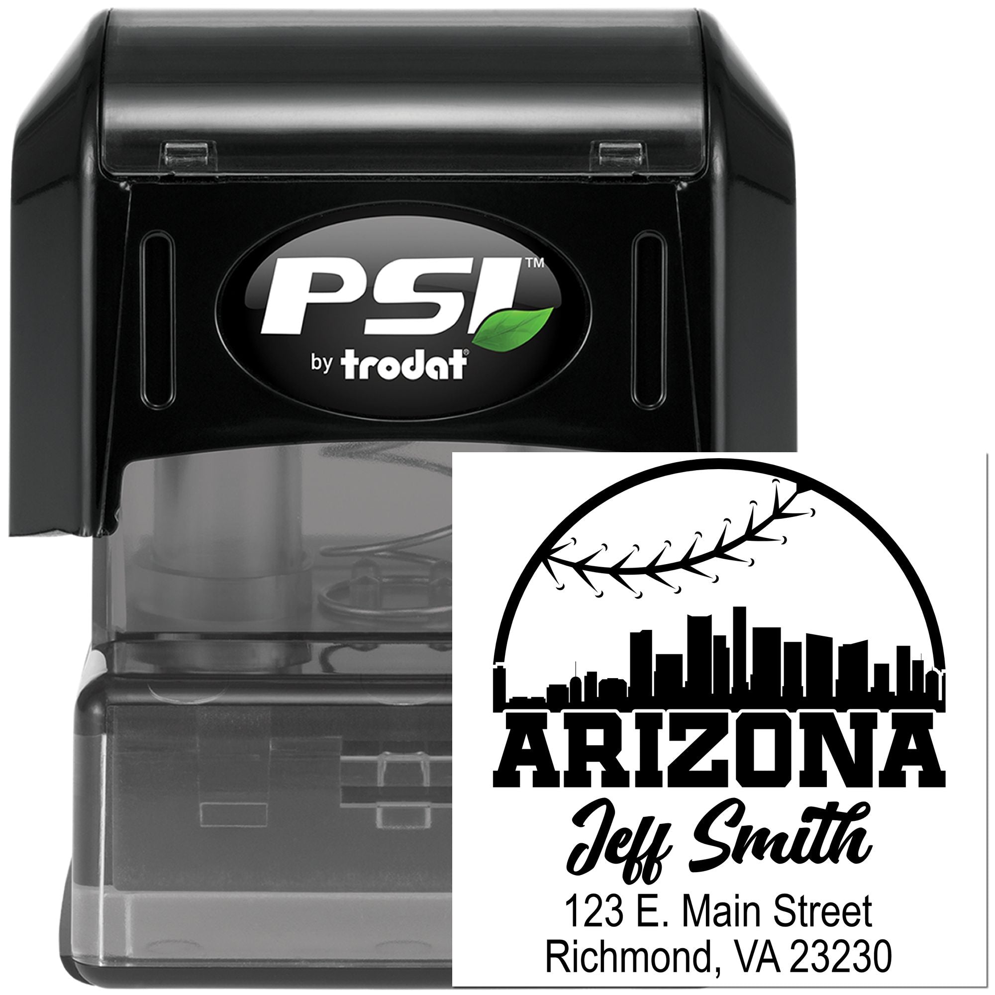 Custom self-inking rubber stamp by PSI Trodat with Arizona address design for mailing, return envelopes, and business use.
