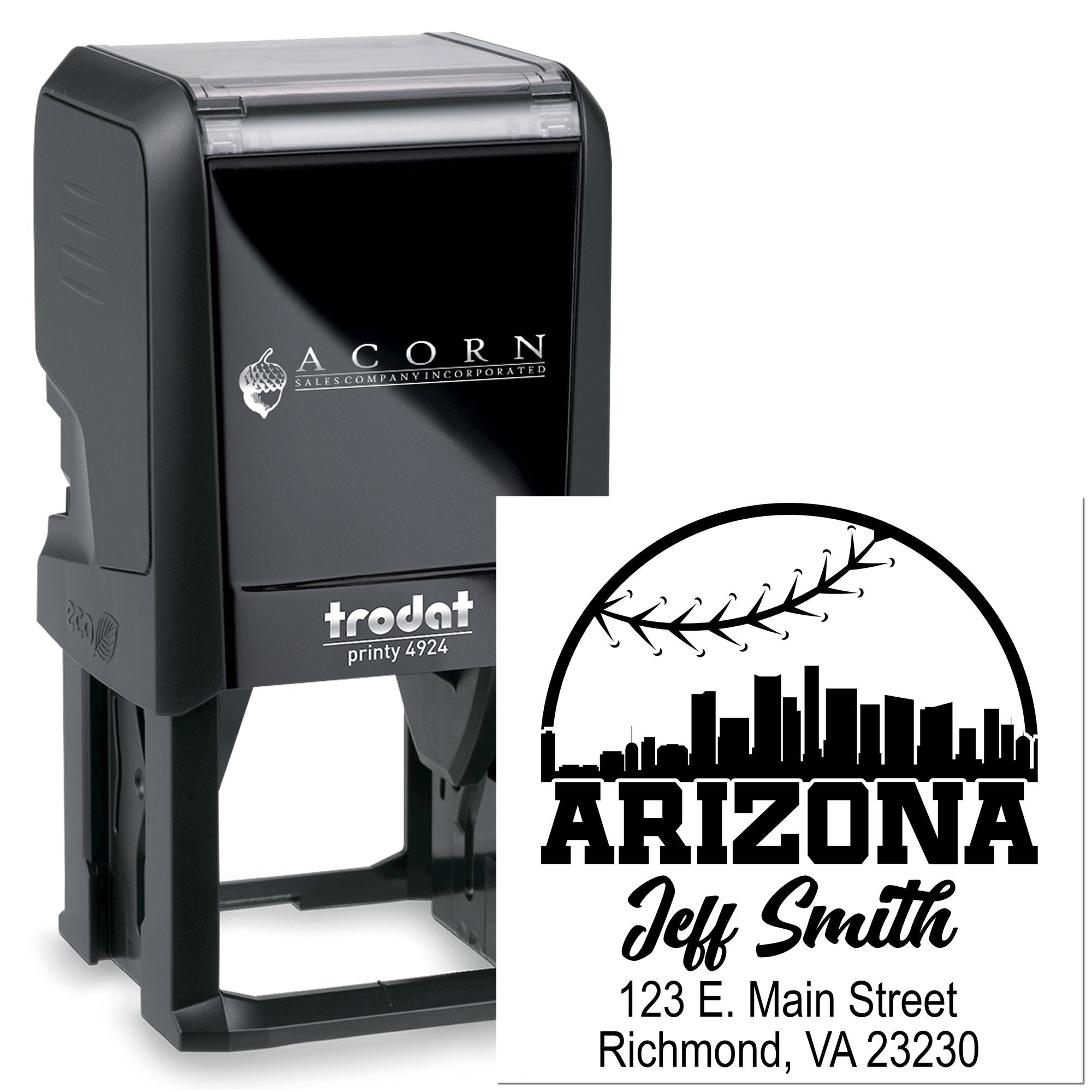 Trodat Printy 4924 custom self-inking rubber address stamp with Arizona skyline and Jeff Smith mailing address.