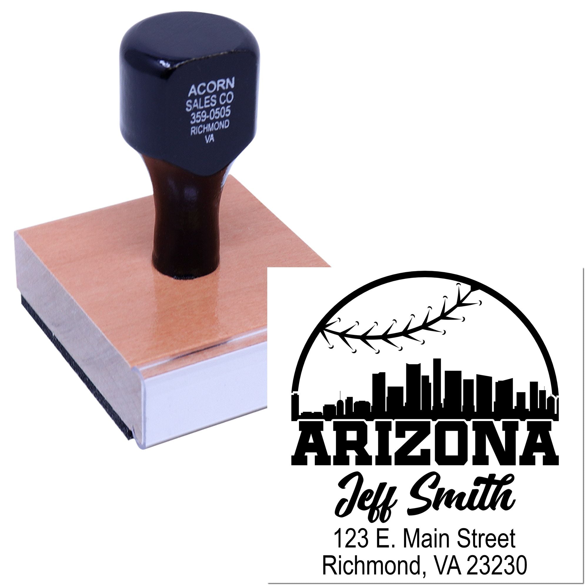 Custom Arizona rubber stamp with name, address and skyline logo for personalized return address and business mailing use