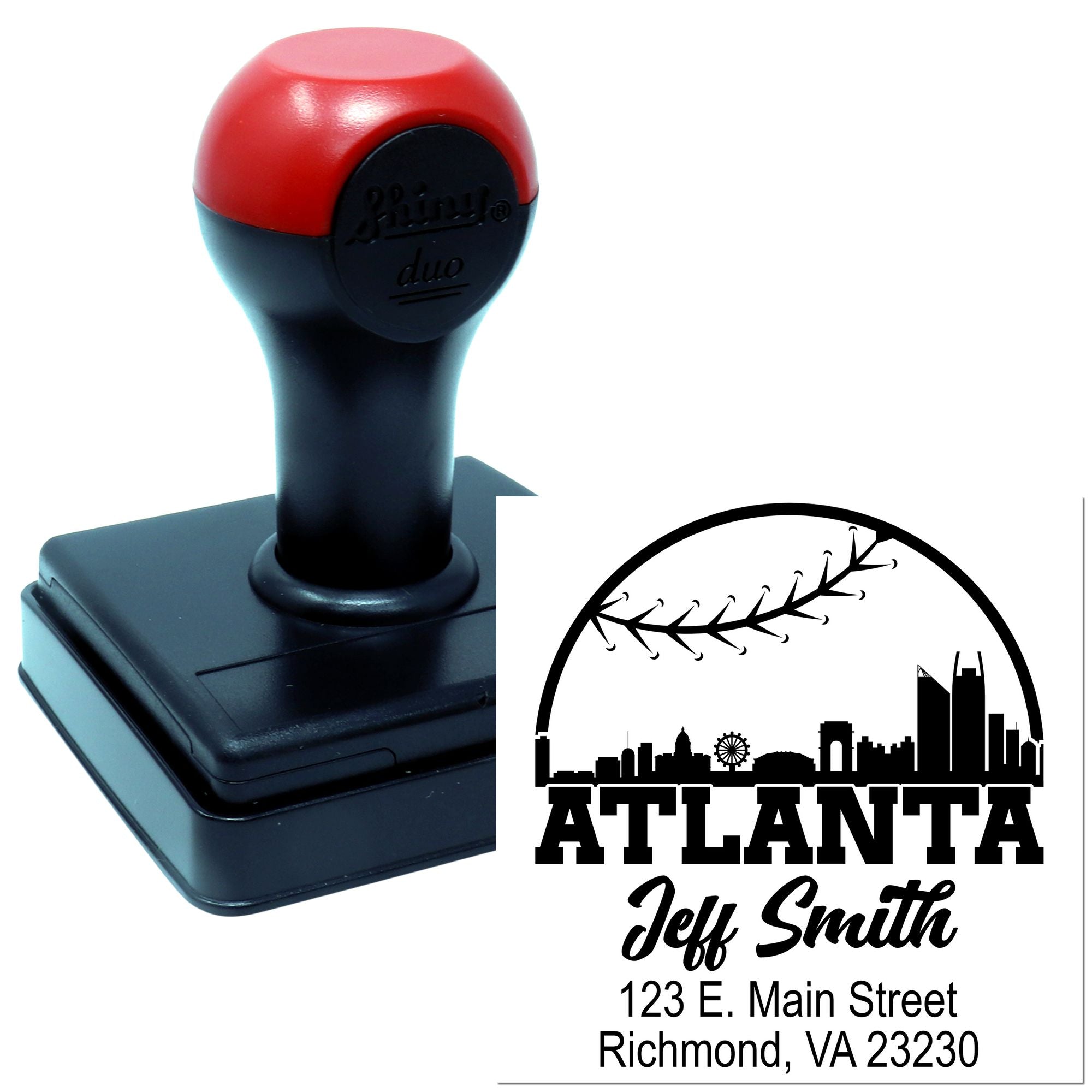 Custom Atlanta self-inking rubber stamp with skyline design, Jeff Smith name, and Richmond, VA return address.