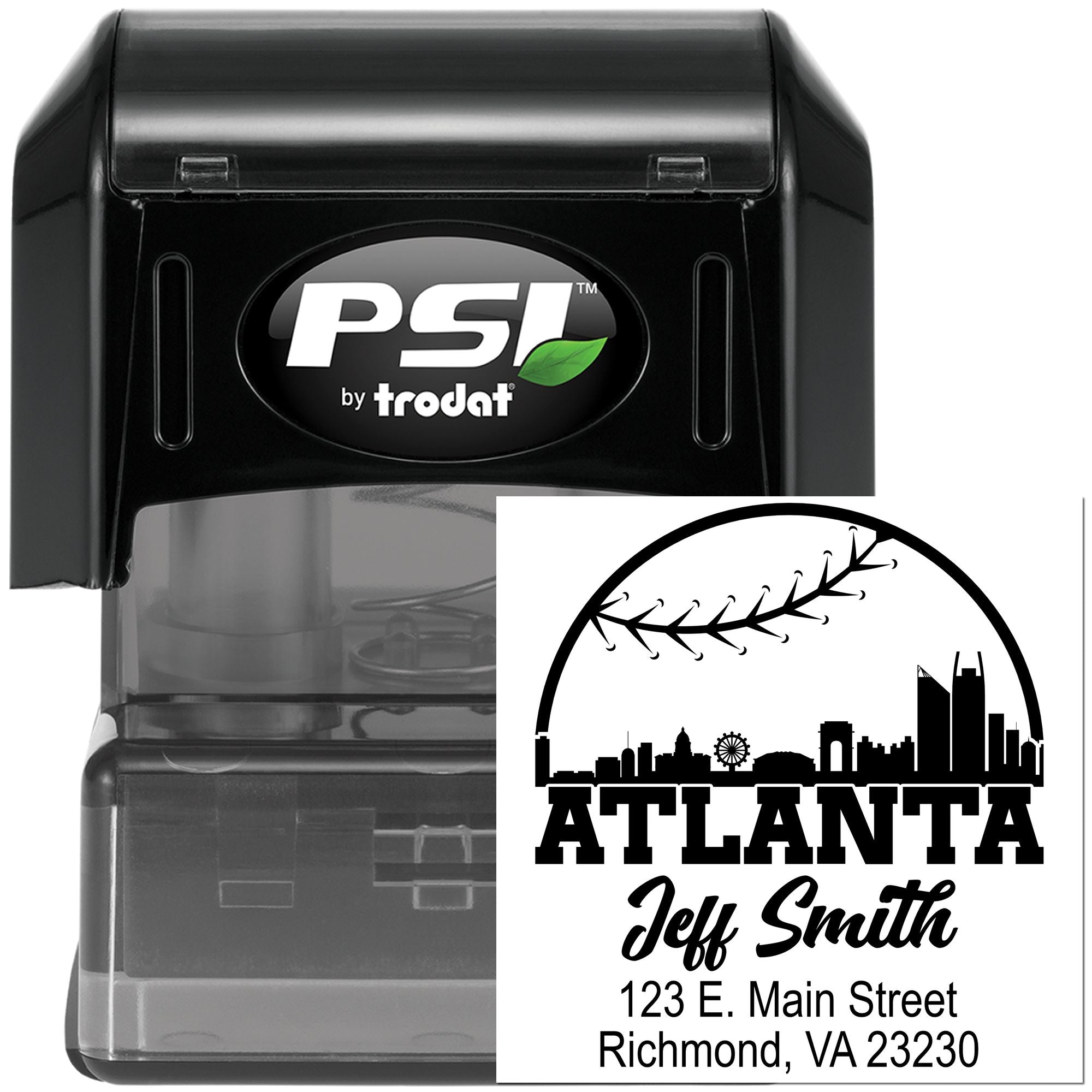 Atlanta custom self-inking rubber stamp by PSI Trodat with skyline design, Jeff Smith name, and Richmond, VA address.
