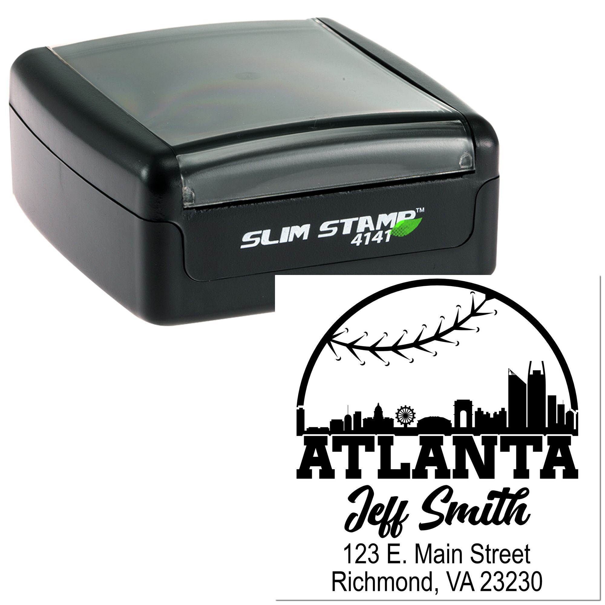 Custom self-inking return address rubber stamp with Atlanta city design and personalized name and address imprint.