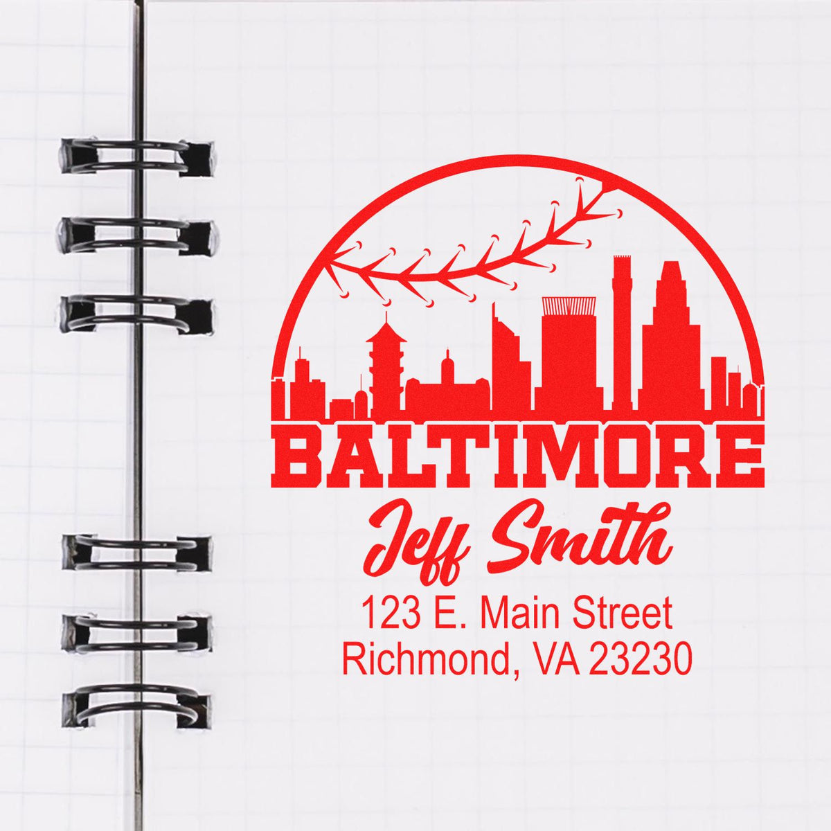 Custom rubber stamp with Baltimore skyline, Jeff Smith name, and Richmond, VA return address design